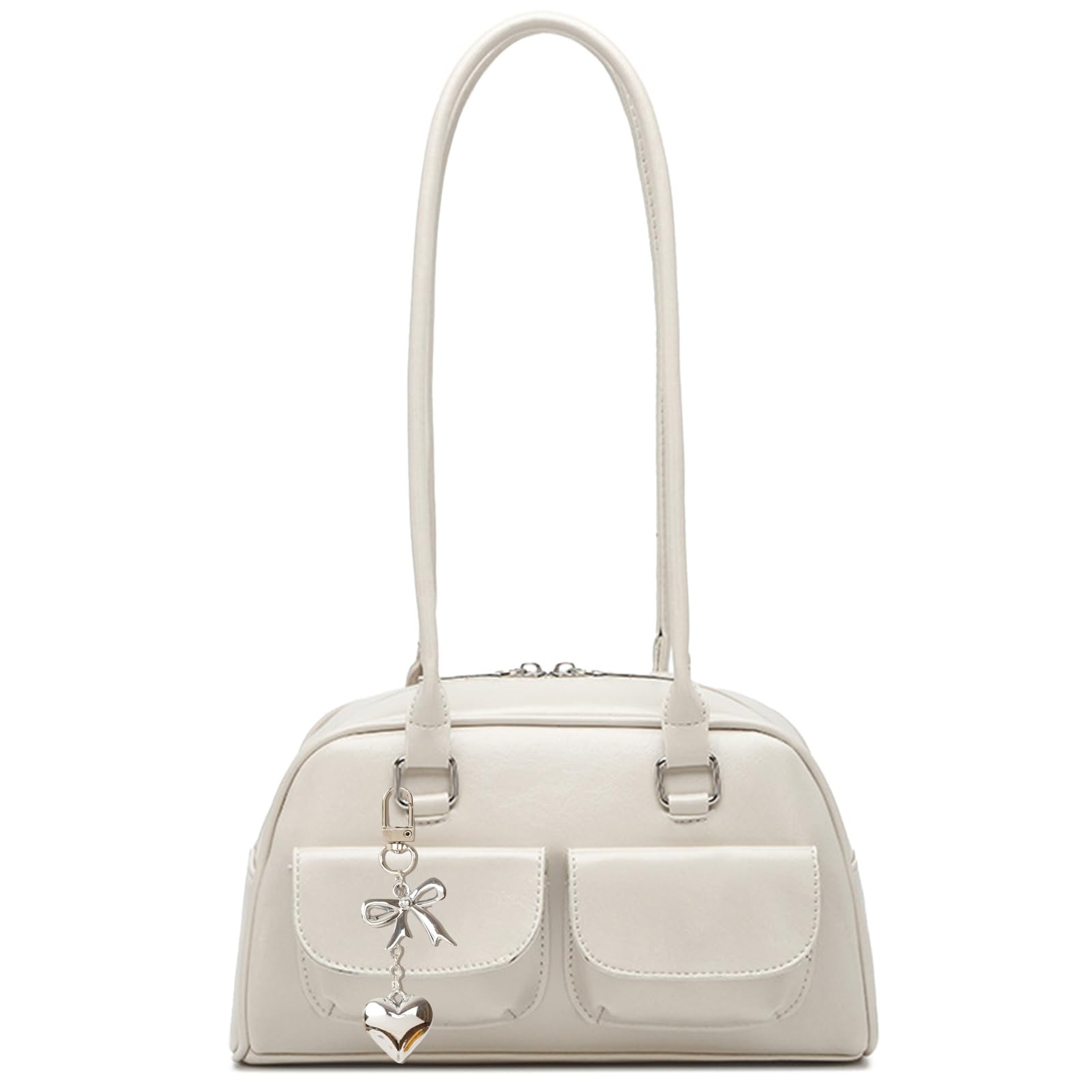Fall Vintage Shoulder Bag for Women Trendy Top Handle PU Leather Bowler Bag Y2k Shoulder Purse Handbag with Pendant