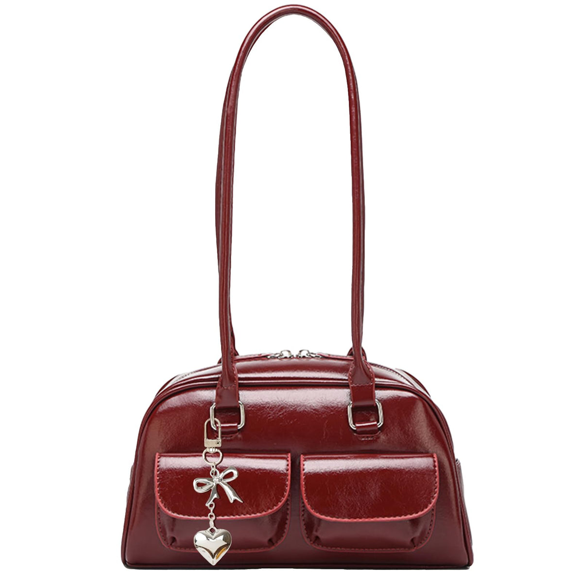 Fall Vintage Shoulder Bag for Women Trendy Top Handle PU Leather Bowler Bag Y2k Shoulder Purse Handbag with Pendant