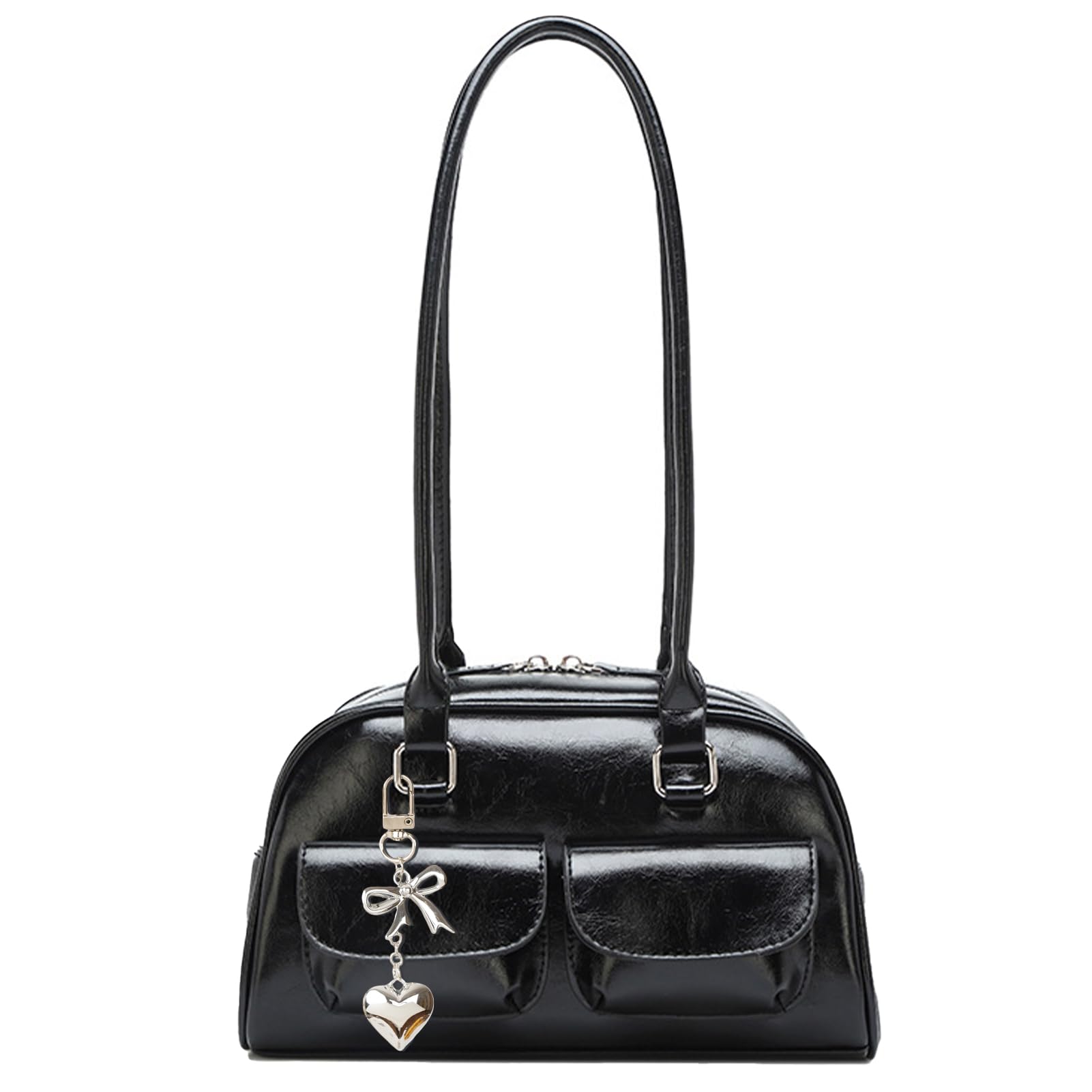 Fall Vintage Shoulder Bag for Women Trendy Top Handle PU Leather Bowler Bag Y2k Shoulder Purse Handbag with Pendant