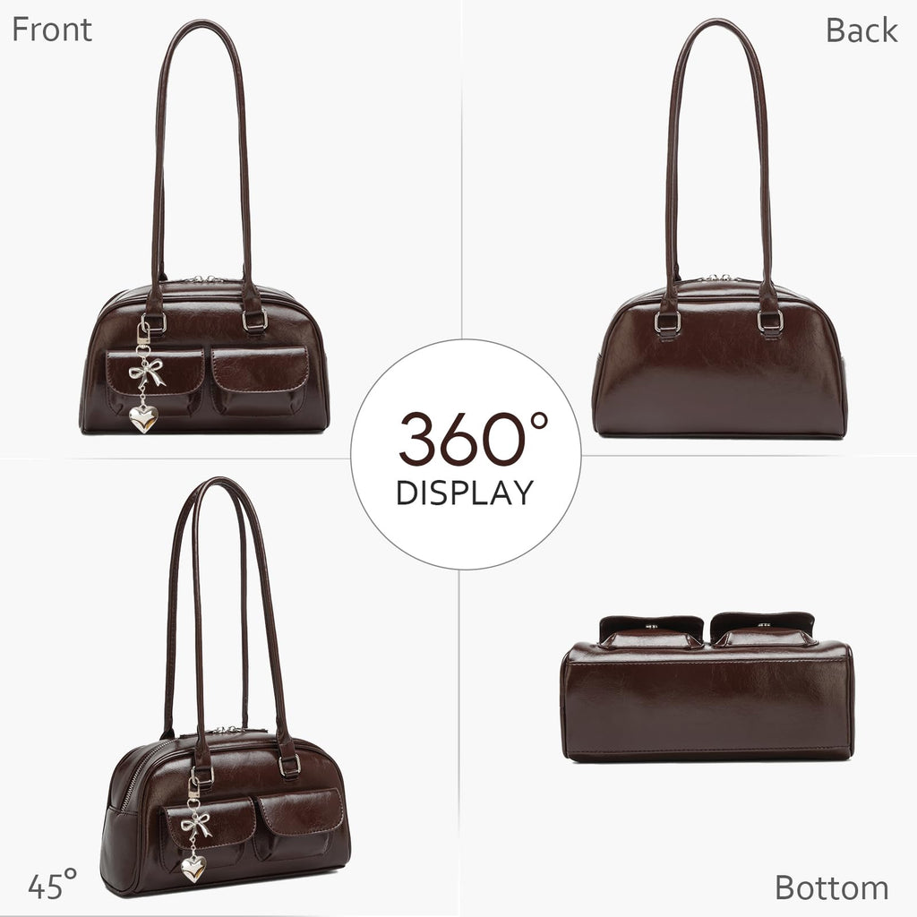 Fall Vintage Shoulder Bag for Women Trendy Top Handle PU Leather Bowler Bag Y2k Shoulder Purse Handbag with Pendant