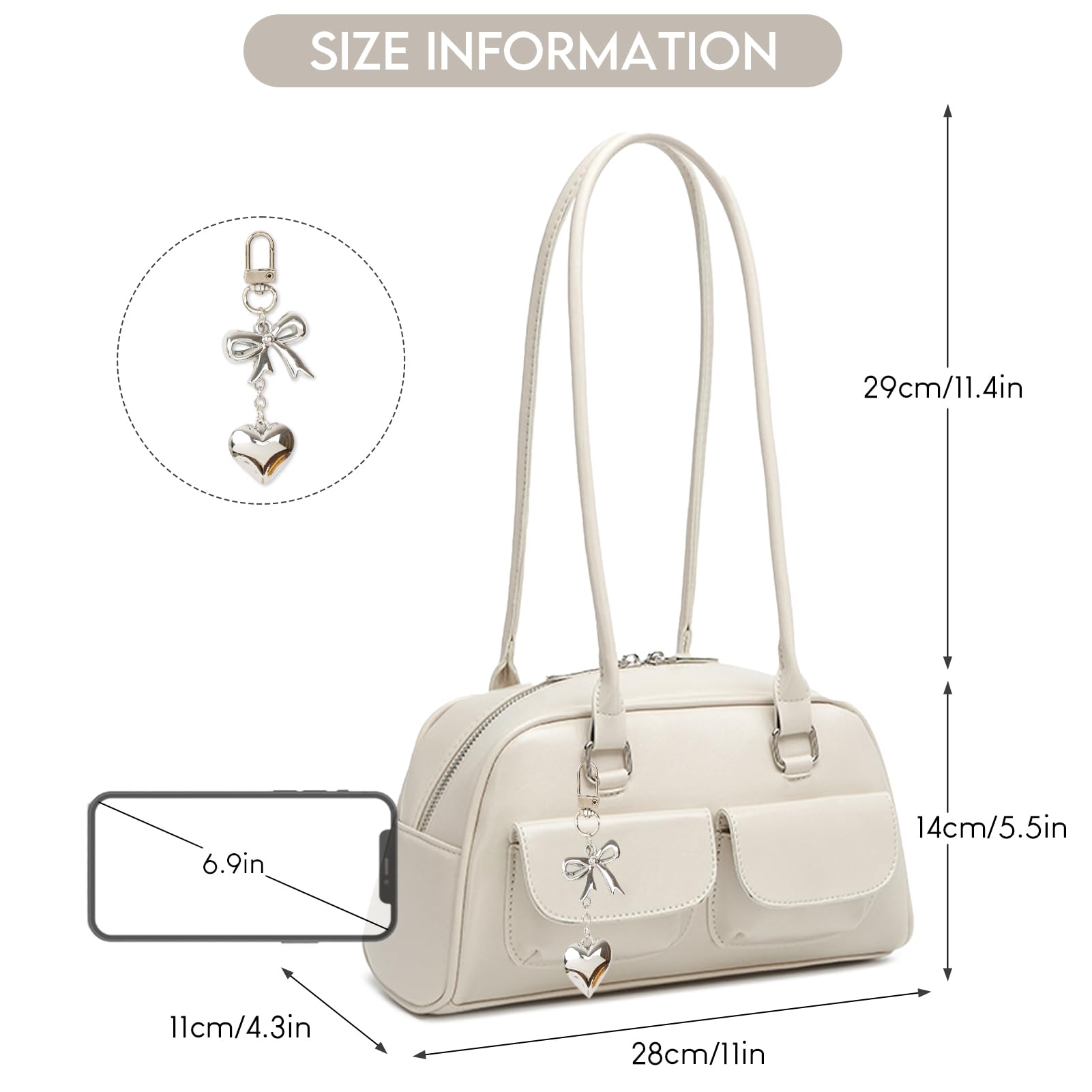 Fall Vintage Shoulder Bag for Women Trendy Top Handle PU Leather Bowler Bag Y2k Shoulder Purse Handbag with Pendant