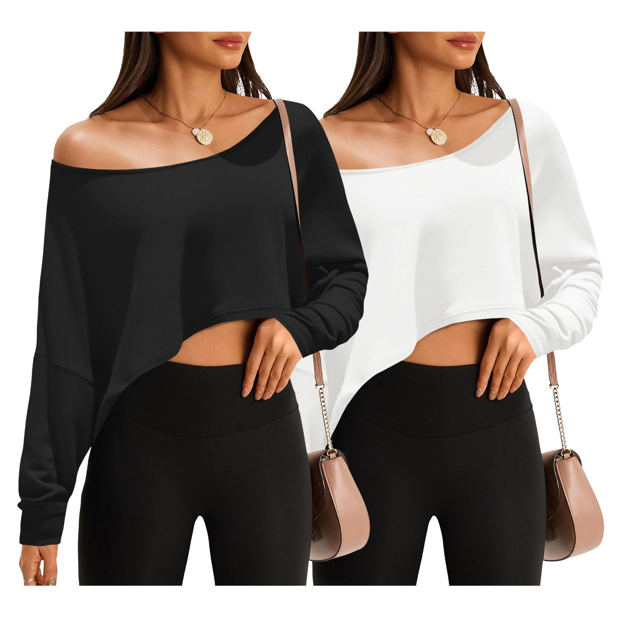 Womens Off The Shoulder Cropped Tops Long Sleeve Loose Fit Sweater