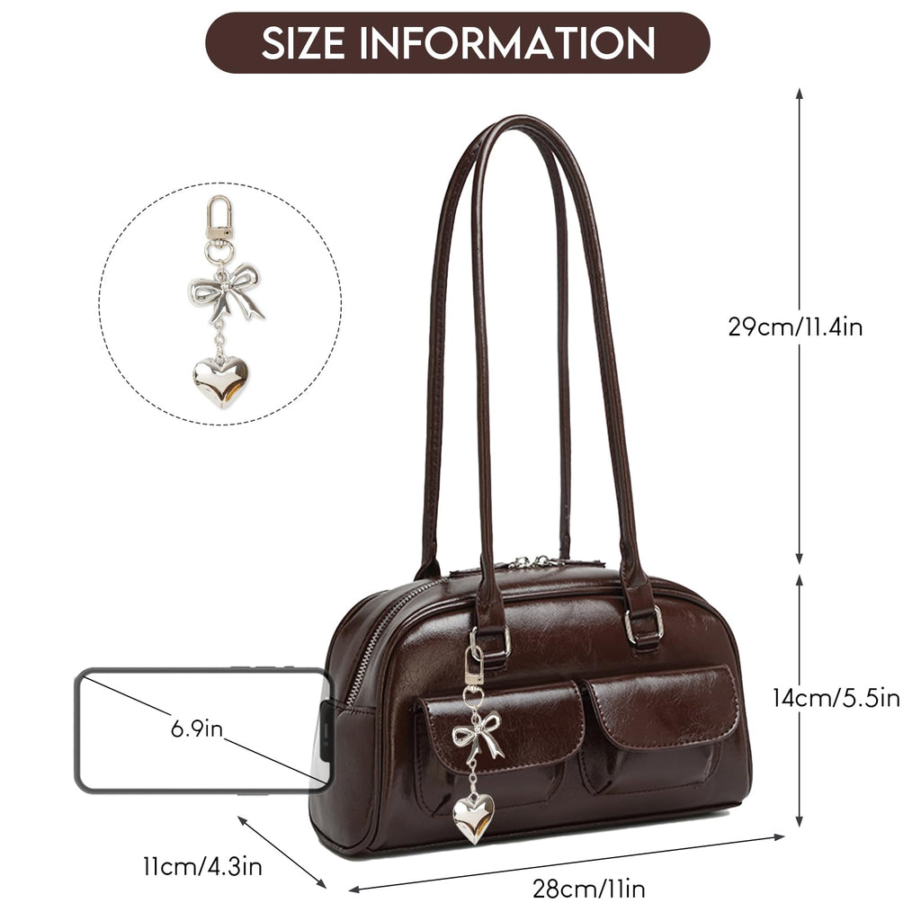 Fall Vintage Shoulder Bag for Women Trendy Top Handle PU Leather Bowler Bag Y2k Shoulder Purse Handbag with Pendant