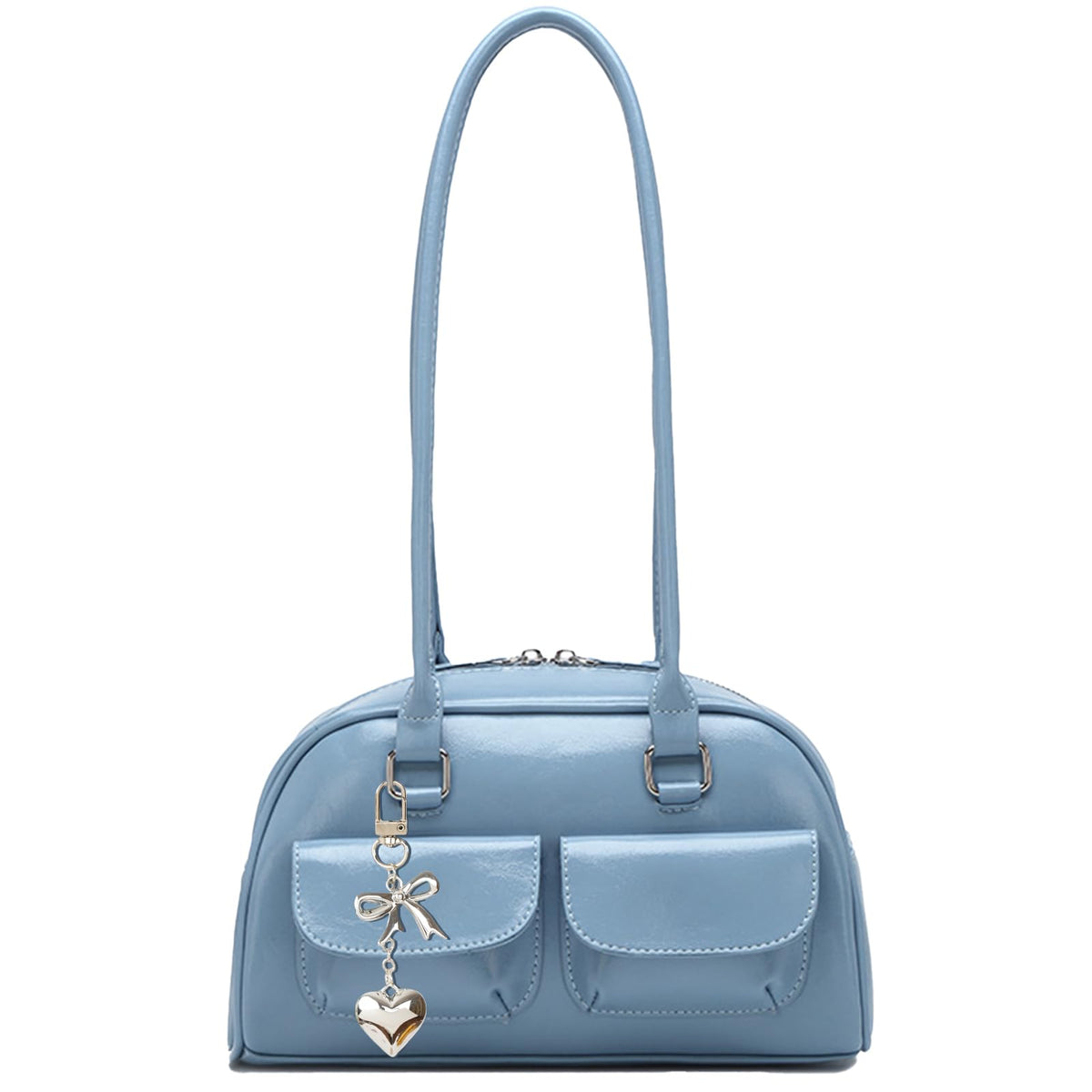 Fall Vintage Shoulder Bag for Women Trendy Top Handle PU Leather Bowler Bag Y2k Shoulder Purse Handbag with Pendant