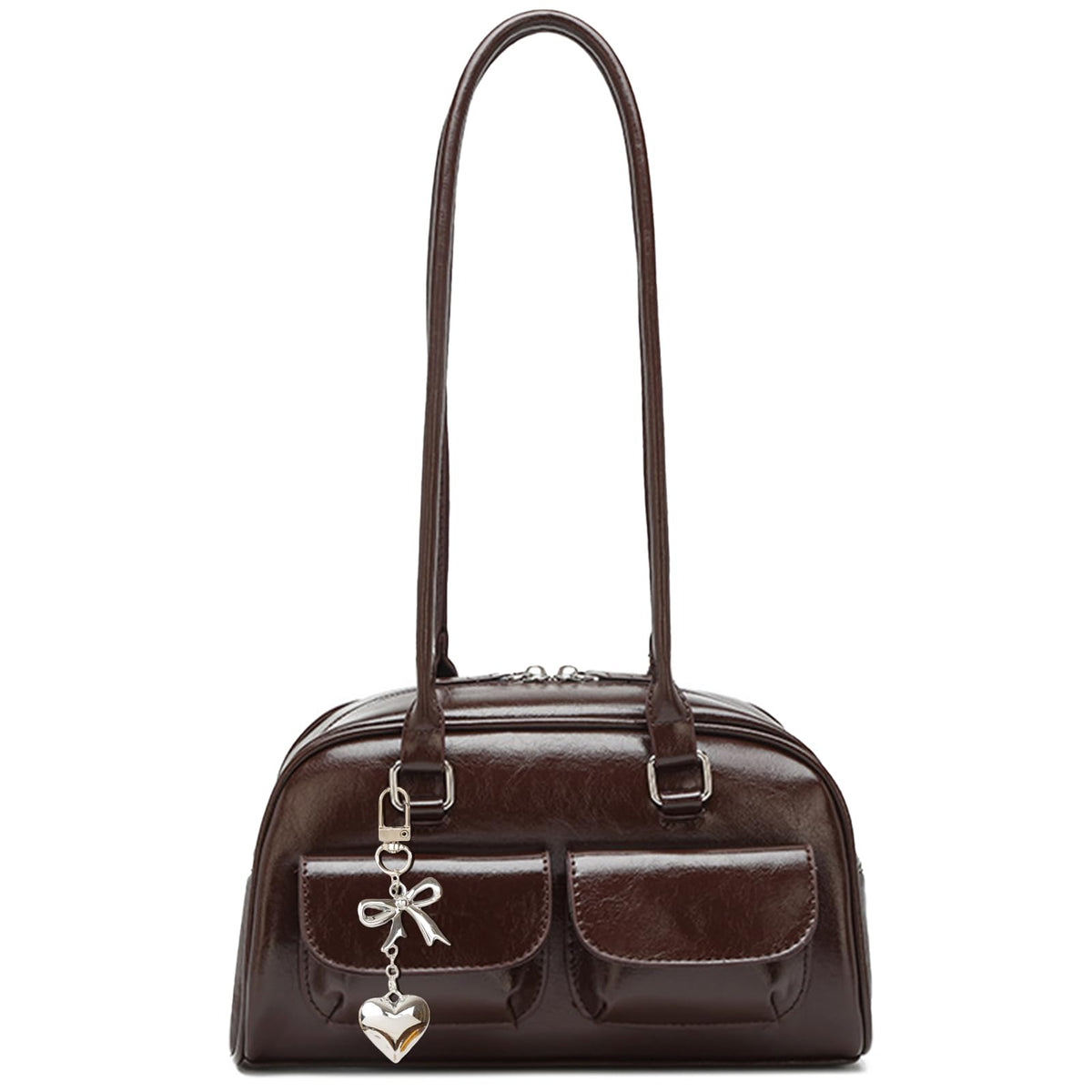 Fall Vintage Shoulder Bag for Women Trendy Top Handle PU Leather Bowler Bag Y2k Shoulder Purse Handbag with Pendant