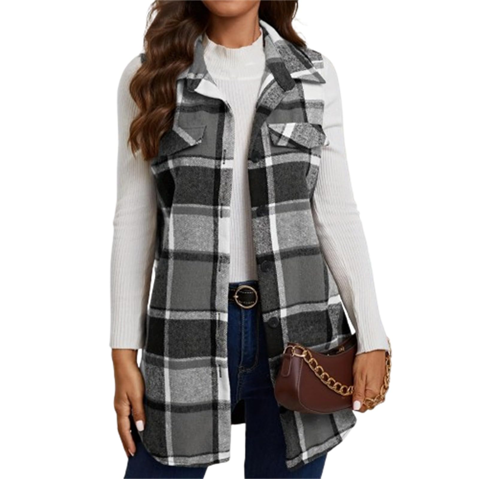Plaid Vest Cardigan for Women Sleeveless waistcoat Comfy Button Down jacket
