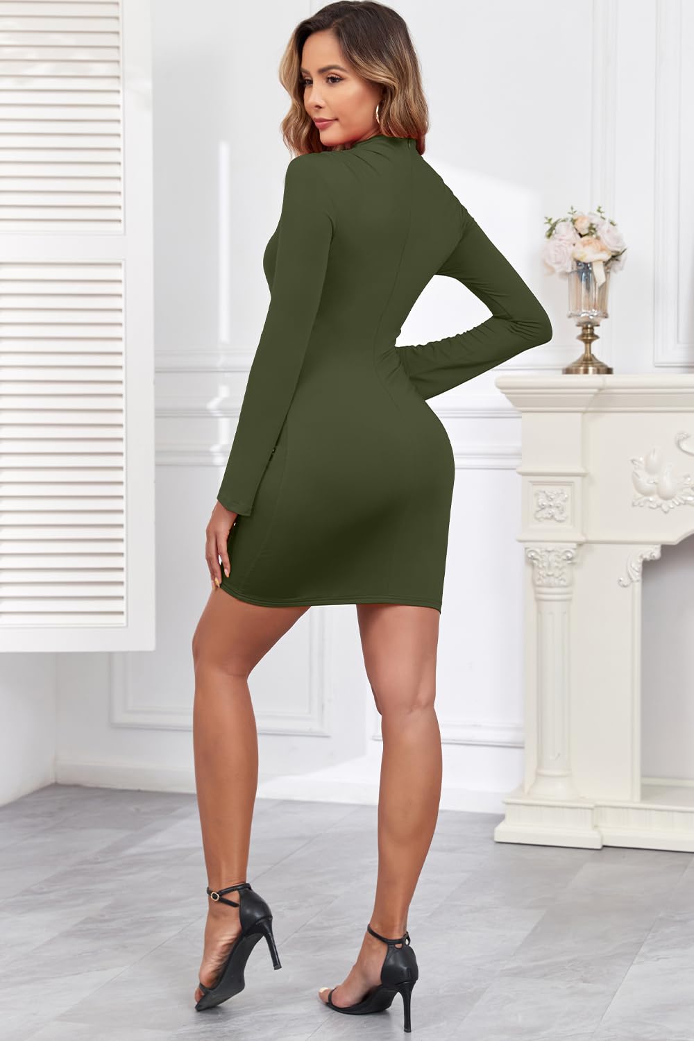 Women's  Mock Neck Long Sleeve Mini Dresses Short Slim Fit Ruched Bodycon Dress