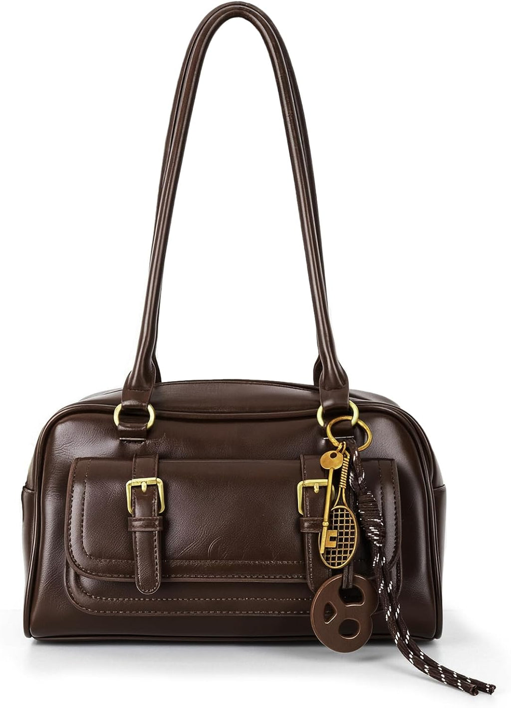 Fall Vintage Shoulder Bag for Women Trendy Top Handle PU Leather Bowler Bag Y2k Shoulder Purse Handbag with Pendant