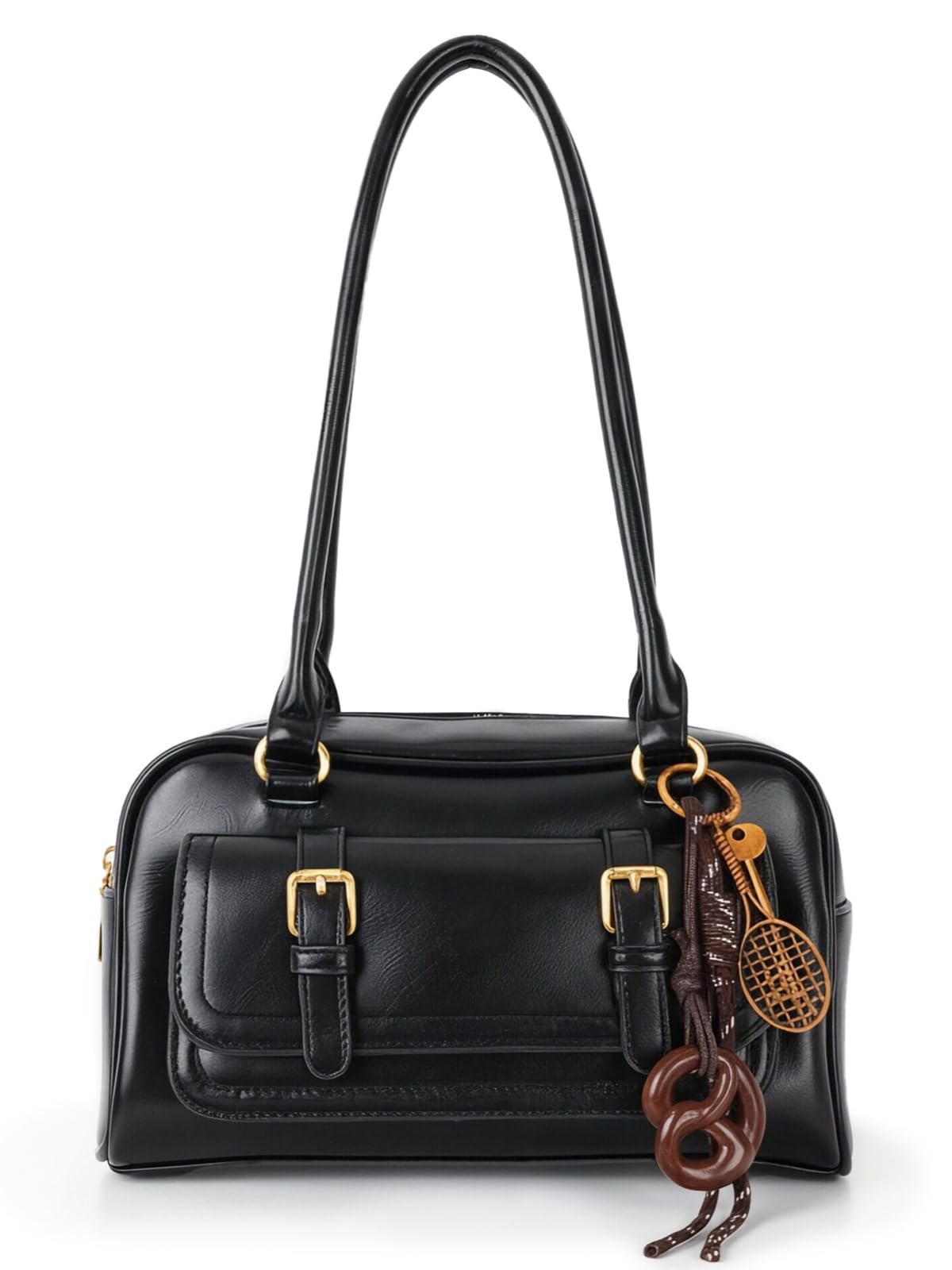 Fall Vintage Shoulder Bag for Women Trendy Top Handle PU Leather Bowler Bag Y2k Shoulder Purse Handbag with Pendant