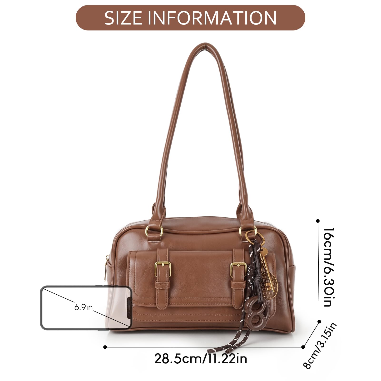 Fall Vintage Shoulder Bag for Women Trendy Top Handle PU Leather Bowler Bag Y2k Shoulder Purse Handbag with Pendant