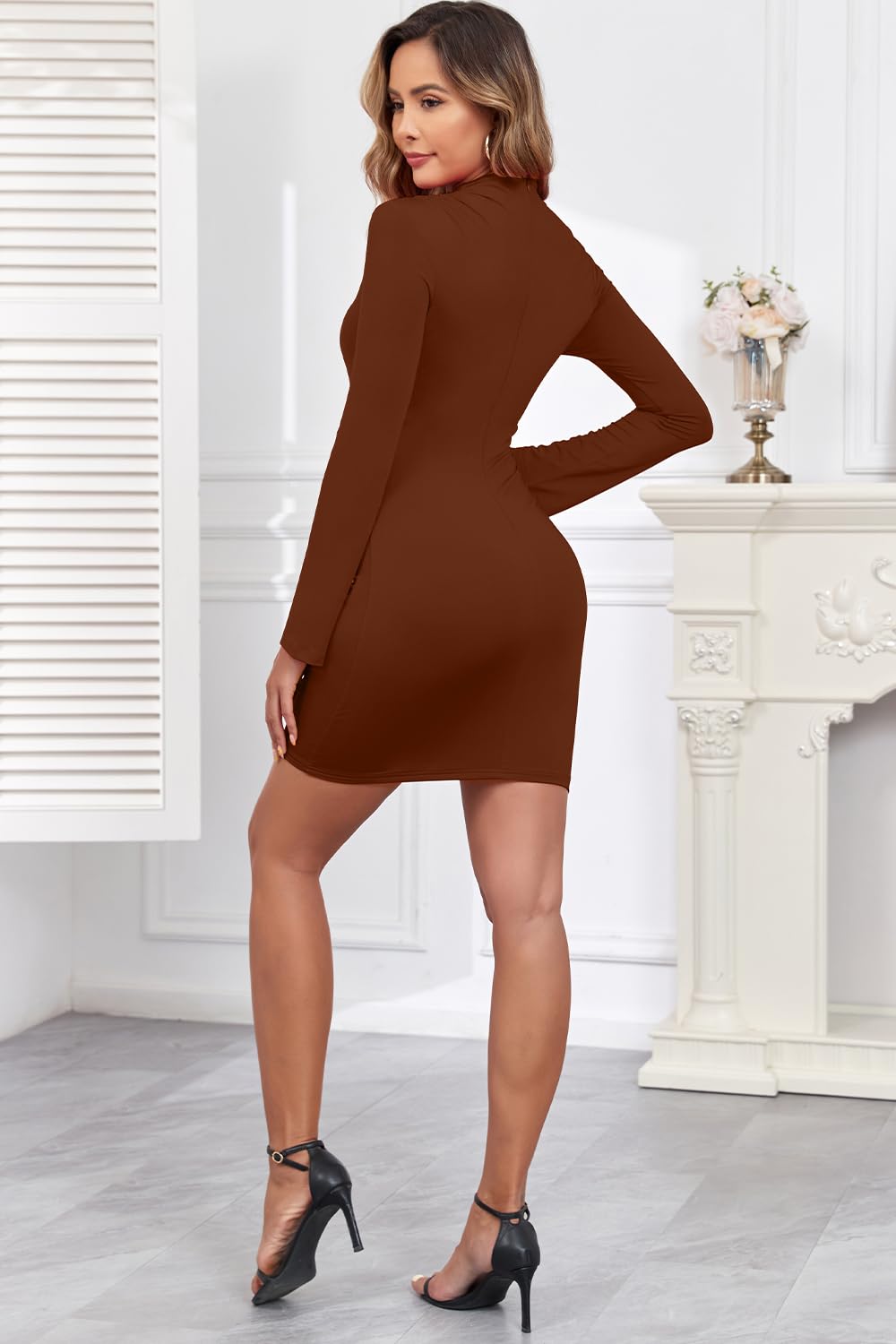 Women's  Mock Neck Long Sleeve Mini Dresses Short Slim Fit Ruched Bodycon Dress