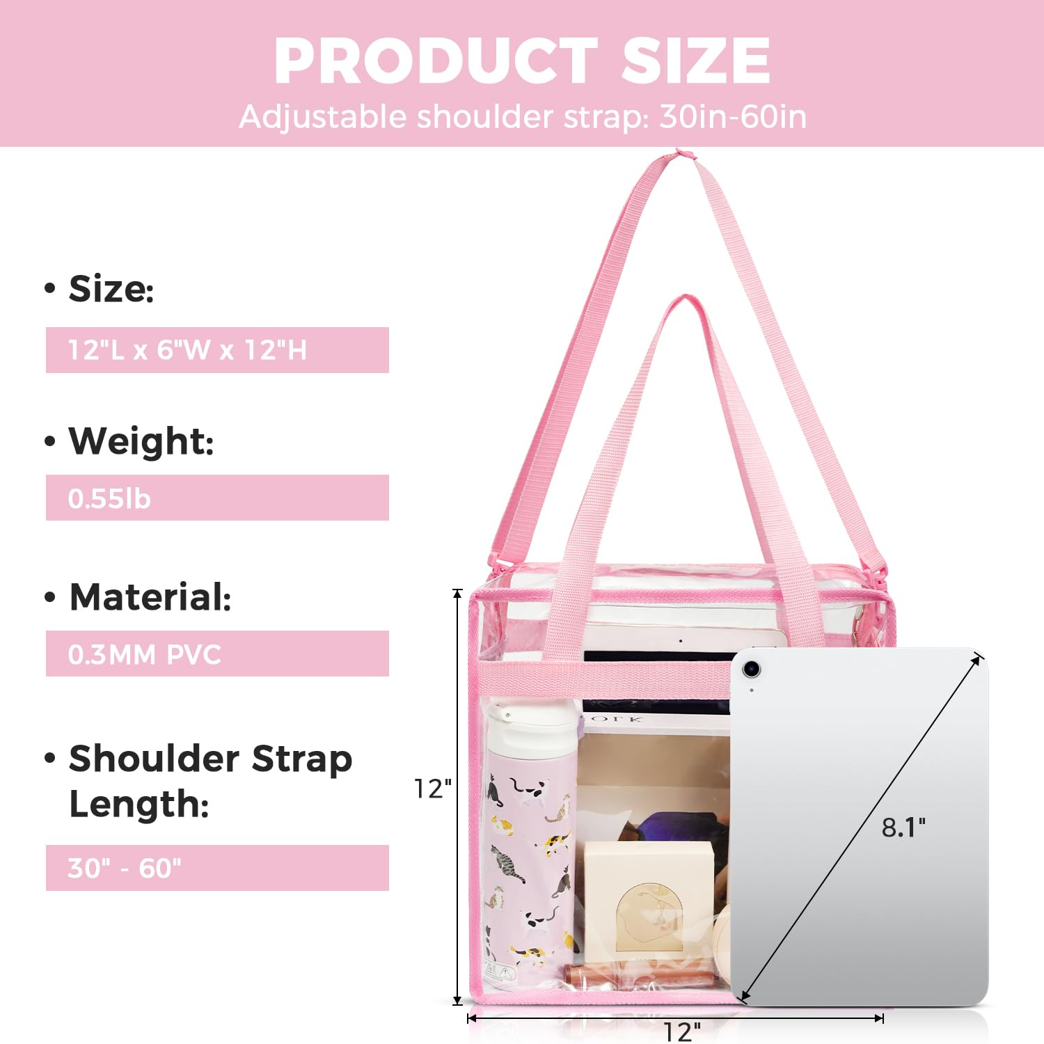Clear Bags Concert Stadium Approved Clear Tote Bag with Zipper Closure Crossbody Shoulder Bag with Adjustable Strap