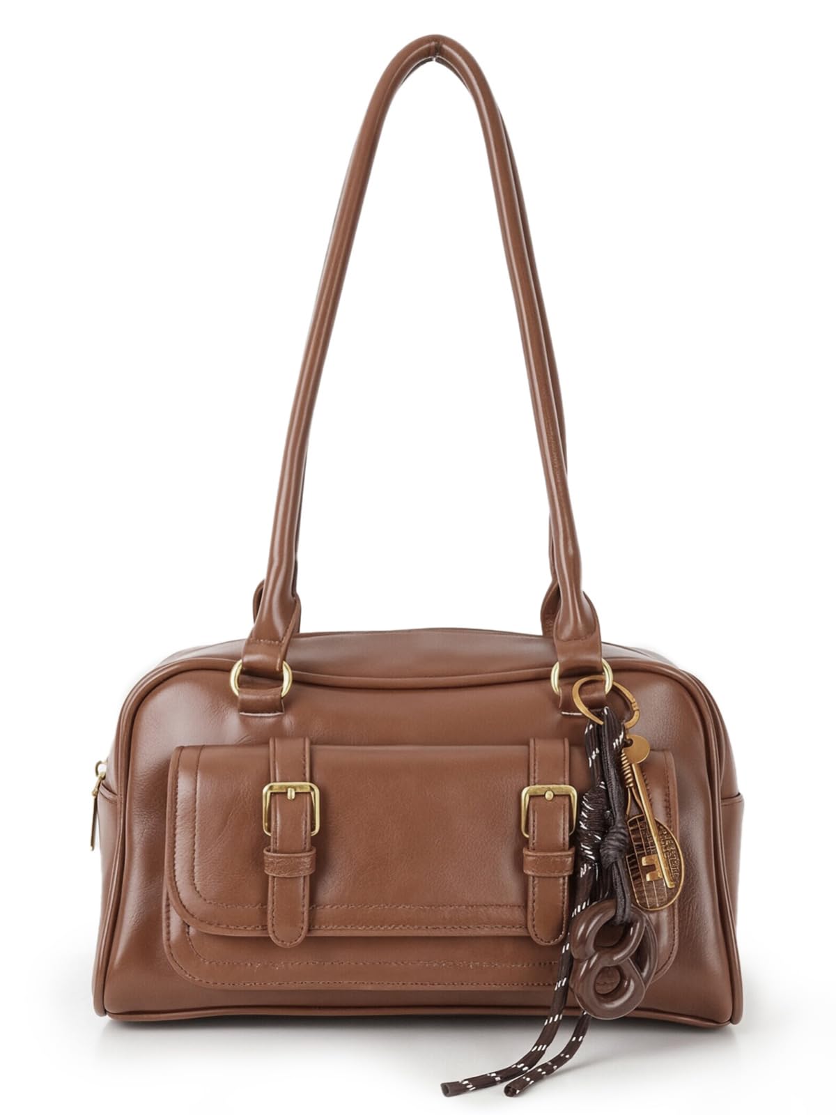 Fall Vintage Shoulder Bag for Women Trendy Top Handle PU Leather Bowler Bag Y2k Shoulder Purse Handbag with Pendant
