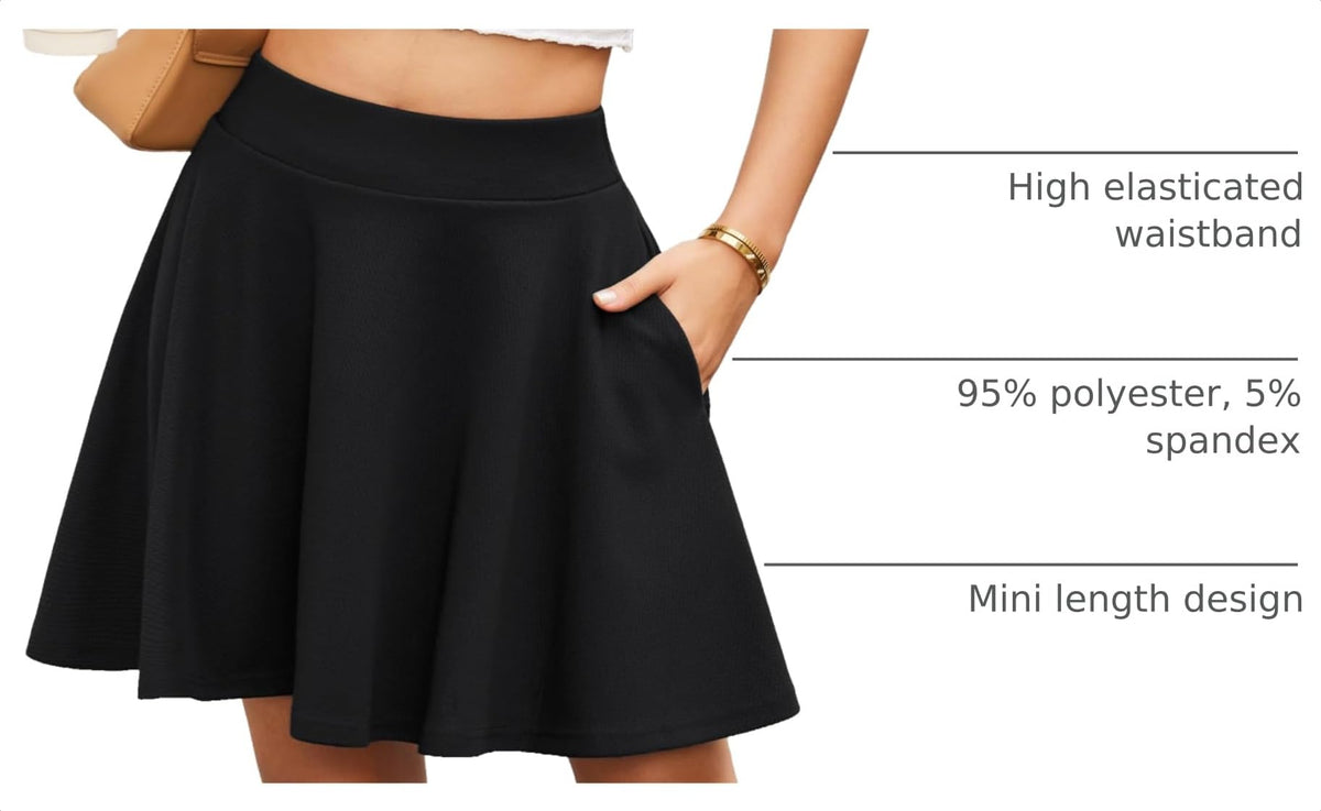 Women's Flared Mini Skater Skirt with Pockets Versatile High Waist Casual Skirts