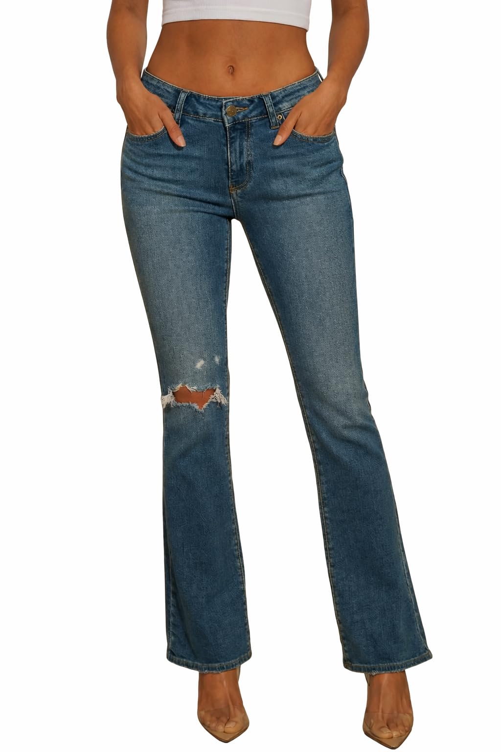 Women's Stretch Low Rise Elastic Skinny Distressed Flare Jeans