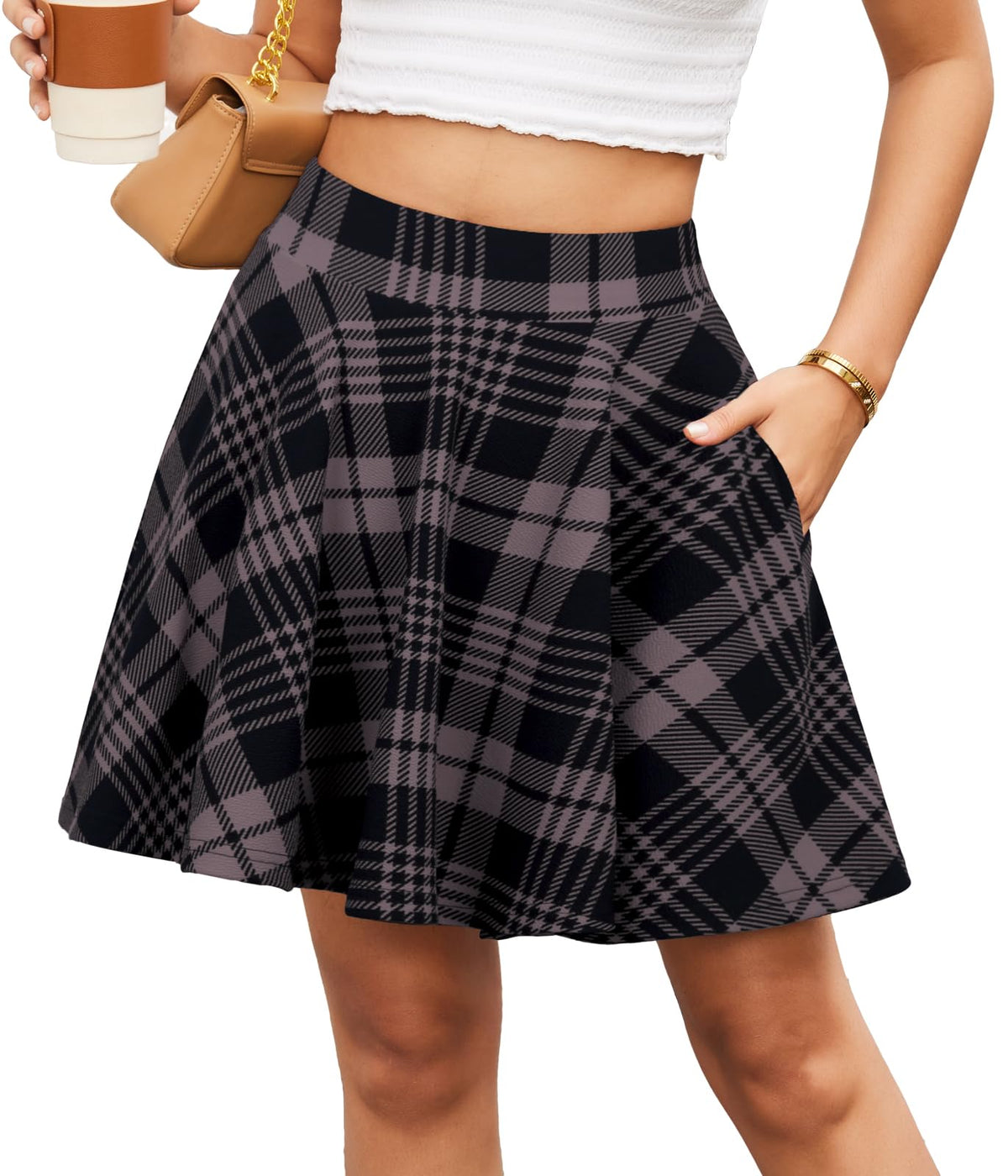 Women's Flared Mini Skater Skirt with Pockets Versatile High Waist Casual Skirts