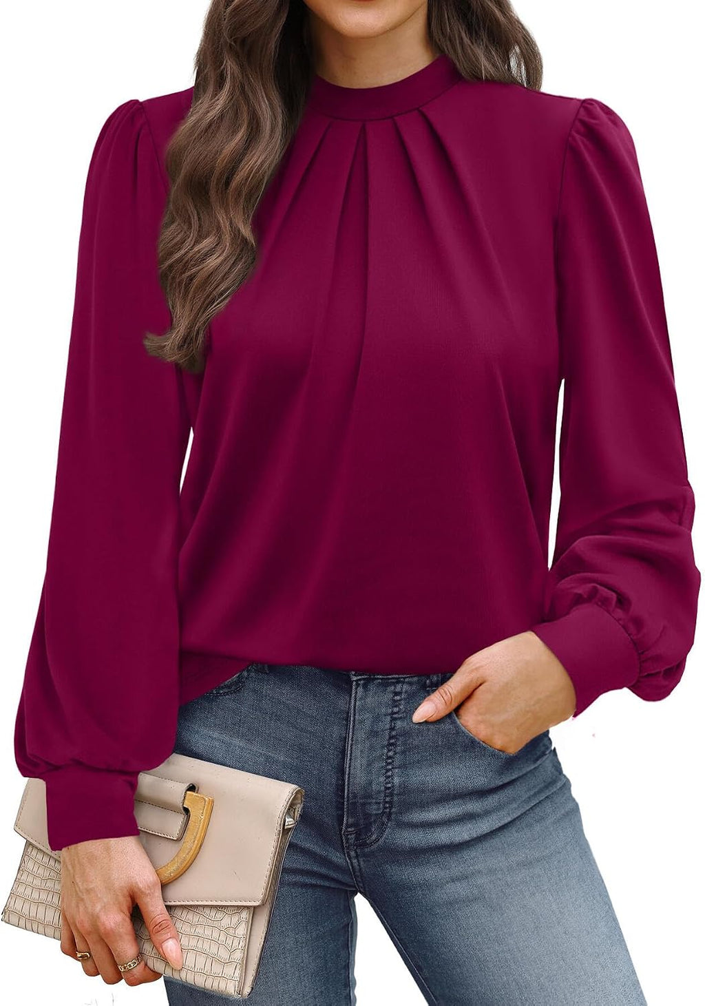 Long Sleeve Shirts for Women Mock Neck Tops Pleated Front Blouses Dressy Casual