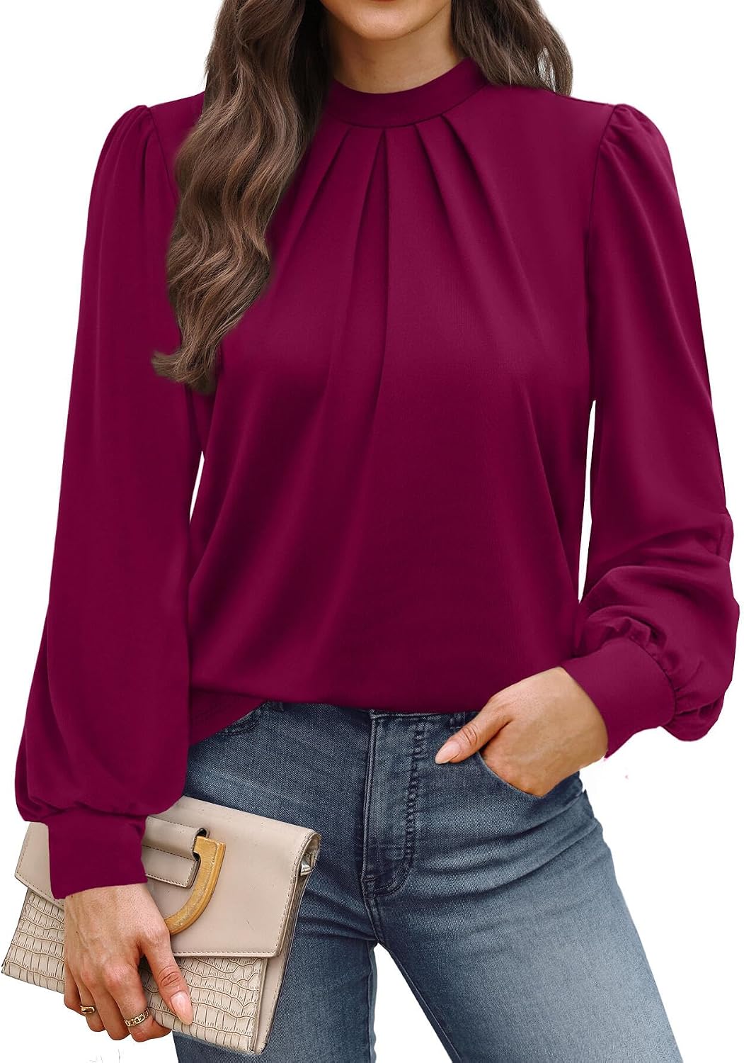 Long Sleeve Shirts for Women Mock Neck Tops Pleated Front Blouses Dressy Casual