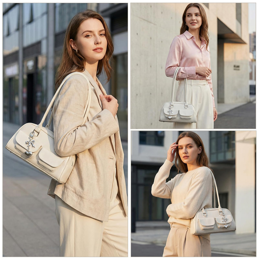 Fall Vintage Shoulder Bag for Women Trendy Top Handle PU Leather Bowler Bag Y2k Shoulder Purse Handbag with Pendant
