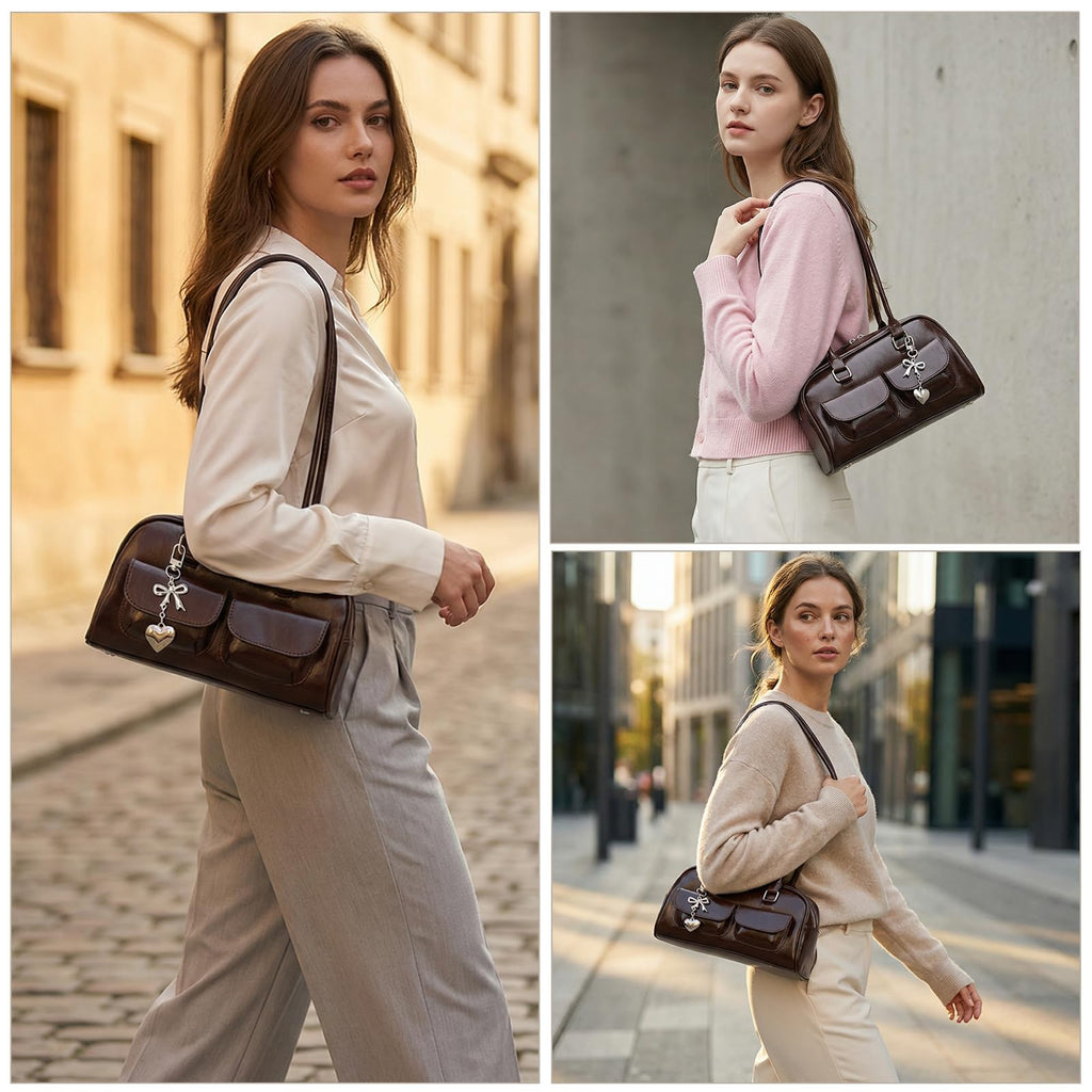 Fall Vintage Shoulder Bag for Women Trendy Top Handle PU Leather Bowler Bag Y2k Shoulder Purse Handbag with Pendant