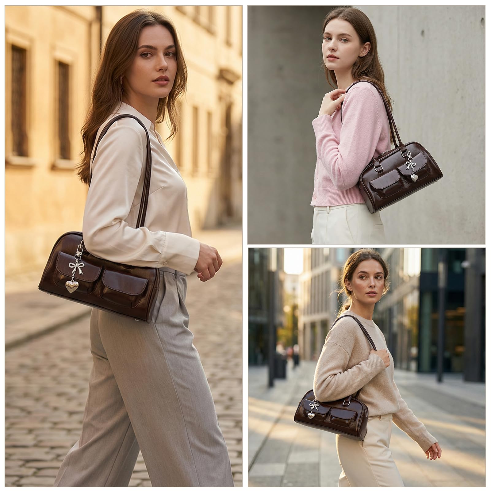 Fall Vintage Shoulder Bag for Women Trendy Top Handle PU Leather Bowler Bag Y2k Shoulder Purse Handbag with Pendant