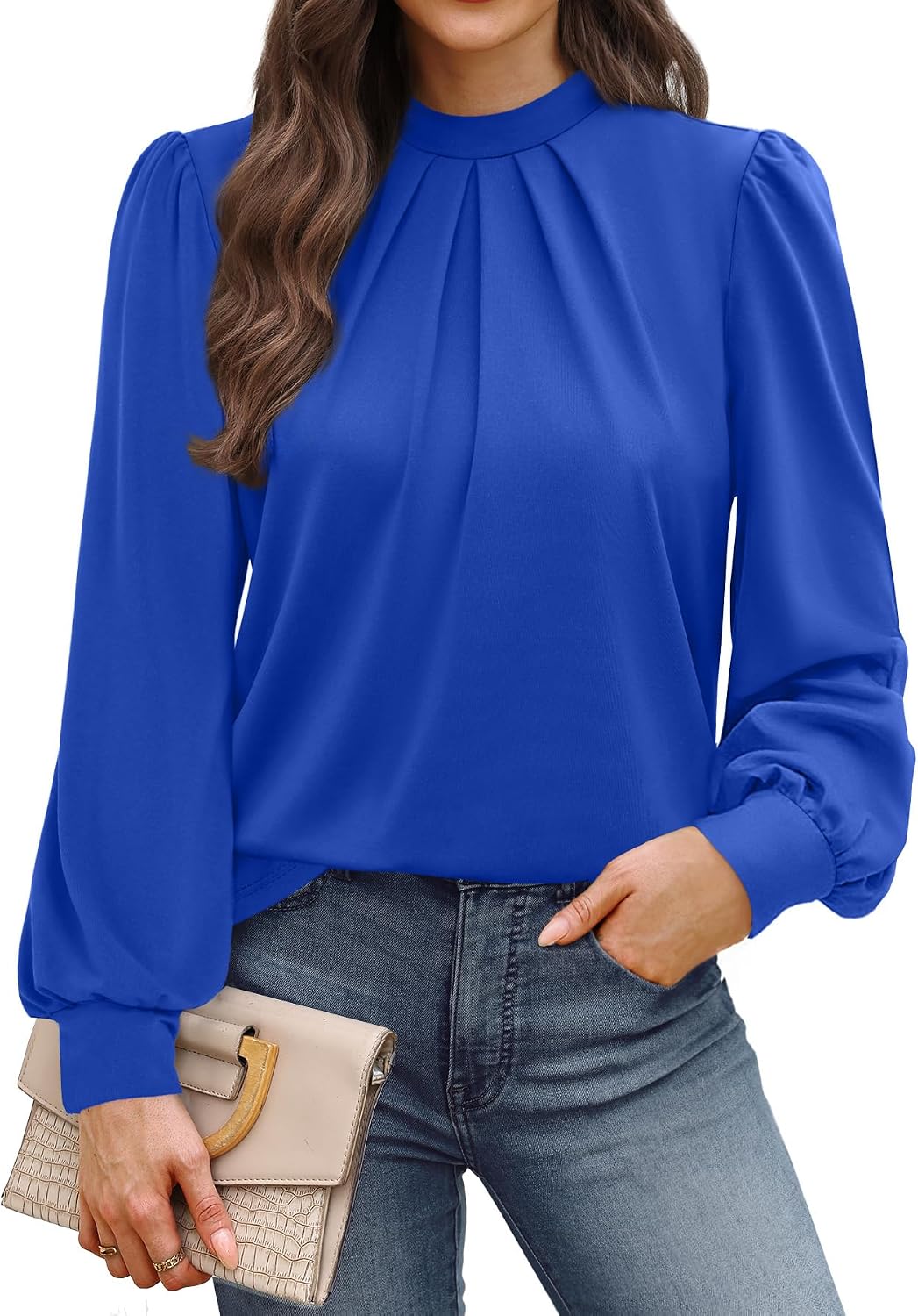 Long Sleeve Shirts for Women Mock Neck Tops Pleated Front Blouses Dressy Casual