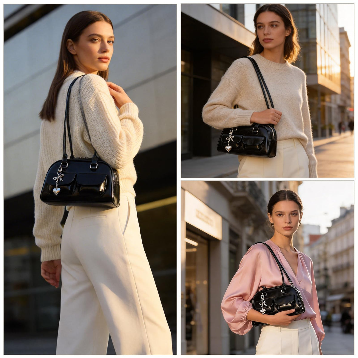 Fall Vintage Shoulder Bag for Women Trendy Top Handle PU Leather Bowler Bag Y2k Shoulder Purse Handbag with Pendant