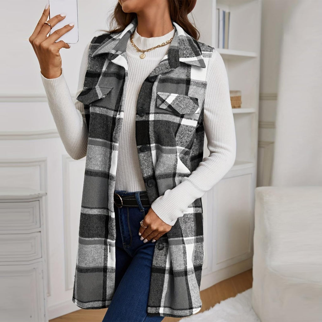 Plaid Vest Cardigan for Women Sleeveless waistcoat Comfy Button Down jacket