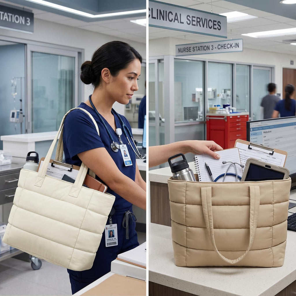 College Puffer Tote Healthcare Nursing School Bag for Women - Nurse Healthcare Student Laptop  HandBag with Bottle Pocket