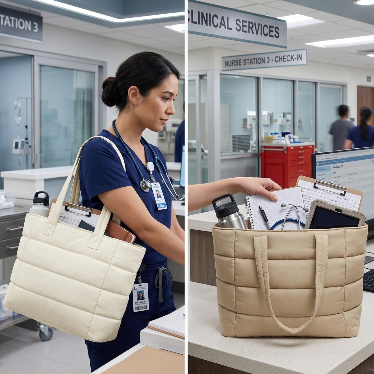 College Puffer Tote Healthcare Nursing School Bag for Women - Nurse Healthcare Student Laptop  HandBag with Bottle Pocket