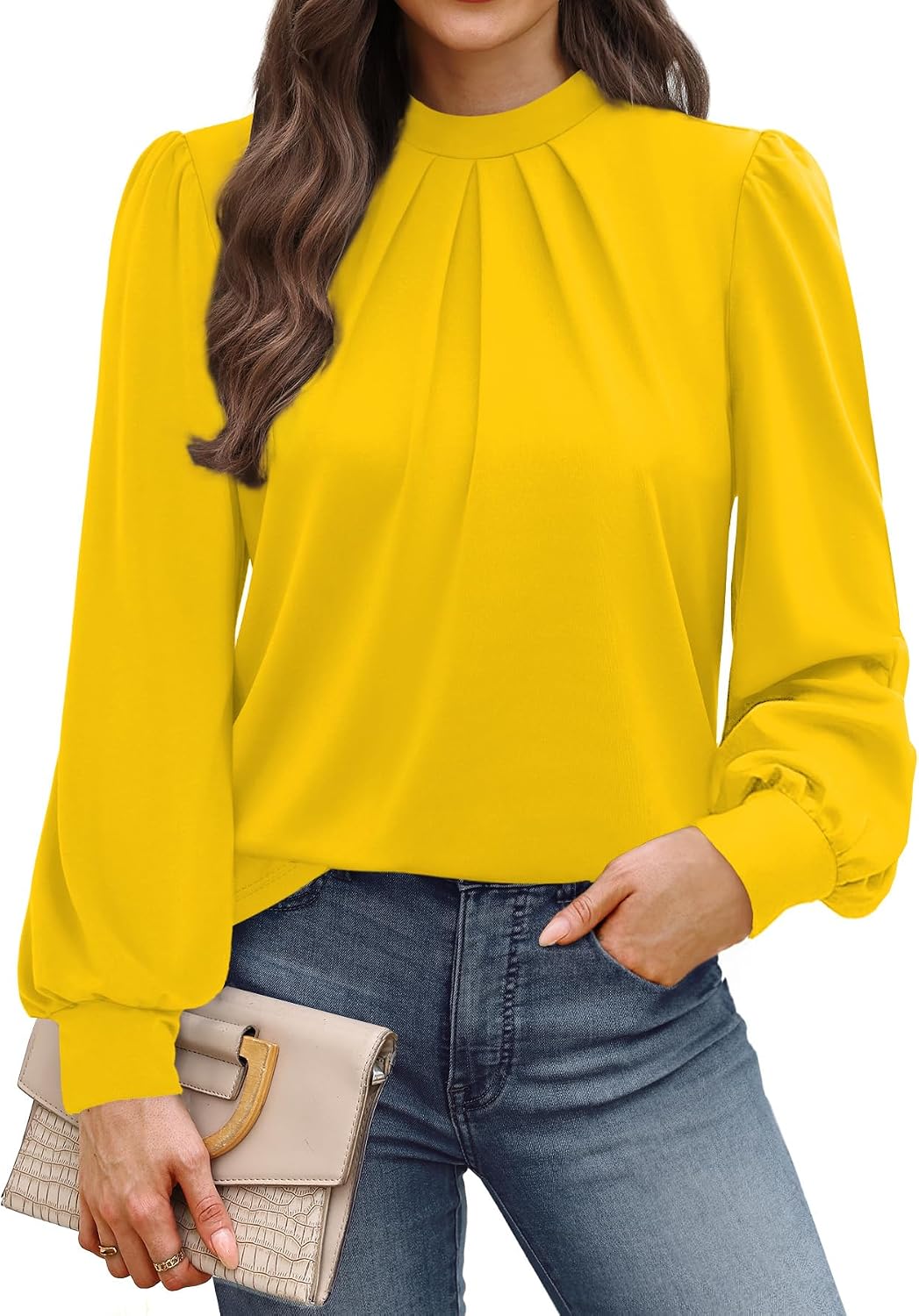 Long Sleeve Shirts for Women Mock Neck Tops Pleated Front Blouses Dressy Casual