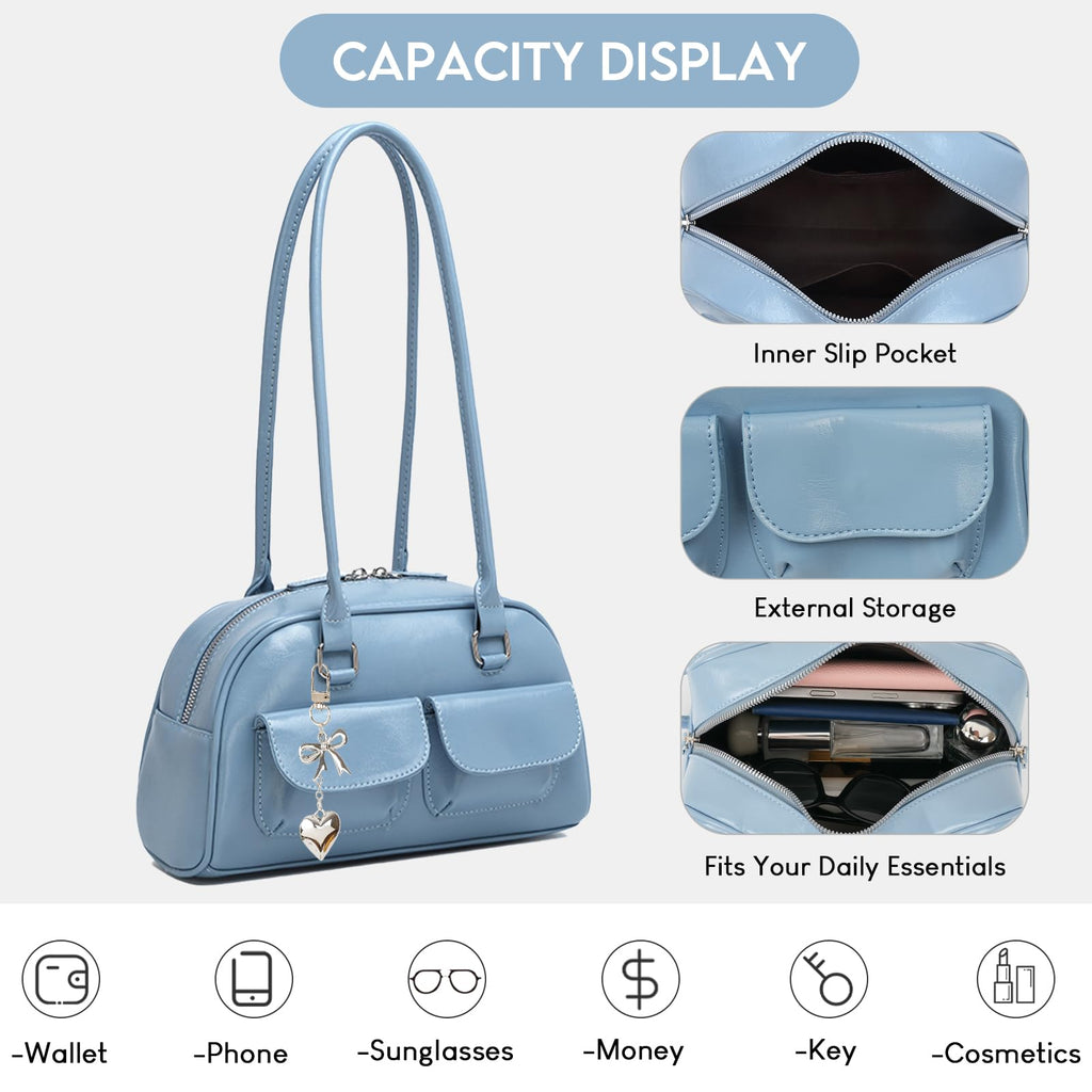 Fall Vintage Shoulder Bag for Women Trendy Top Handle PU Leather Bowler Bag Y2k Shoulder Purse Handbag with Pendant