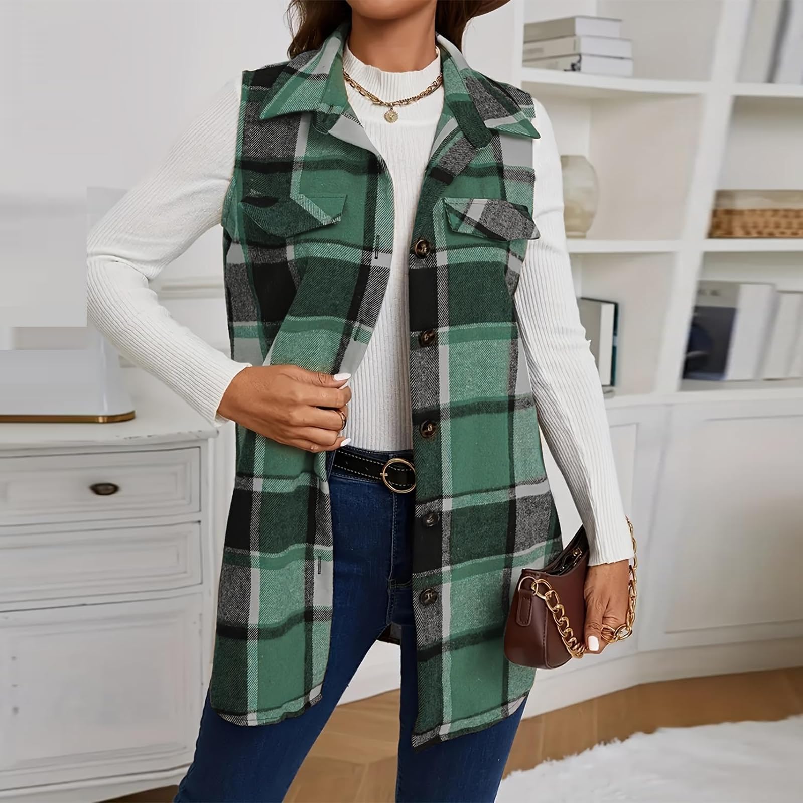 Plaid Vest Cardigan for Women Sleeveless waistcoat Comfy Button Down jacket
