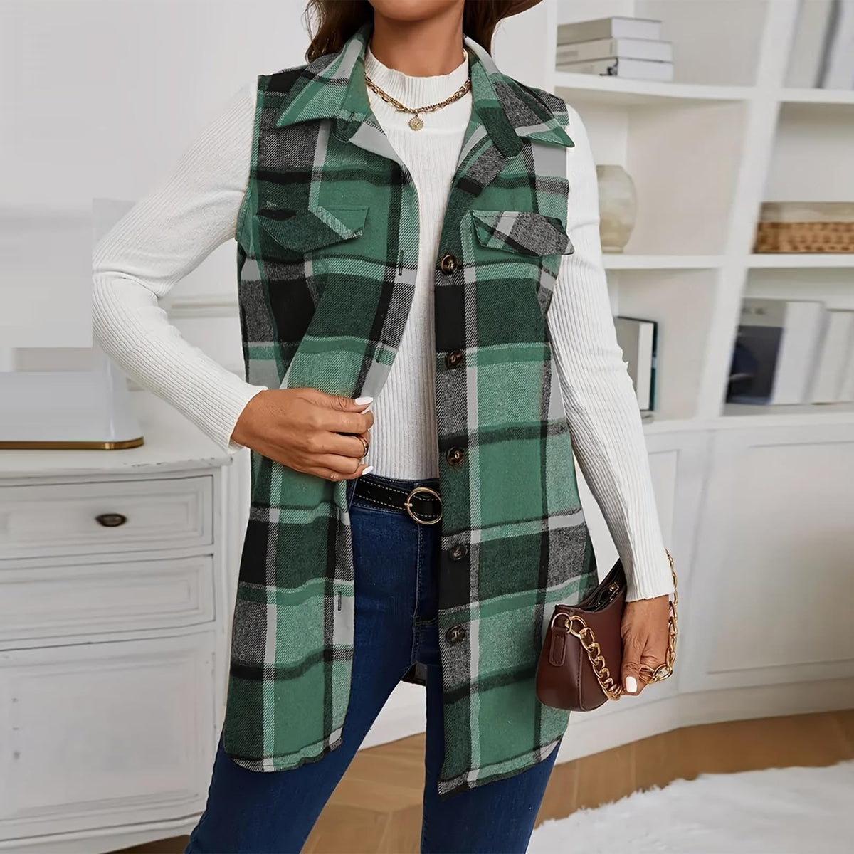 Plaid Vest Cardigan for Women Sleeveless waistcoat Comfy Button Down jacket