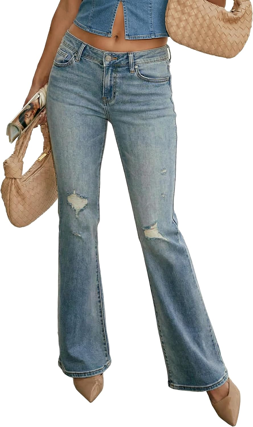 Women's Stretch Low Rise Elastic Skinny Distressed Flare Jeans