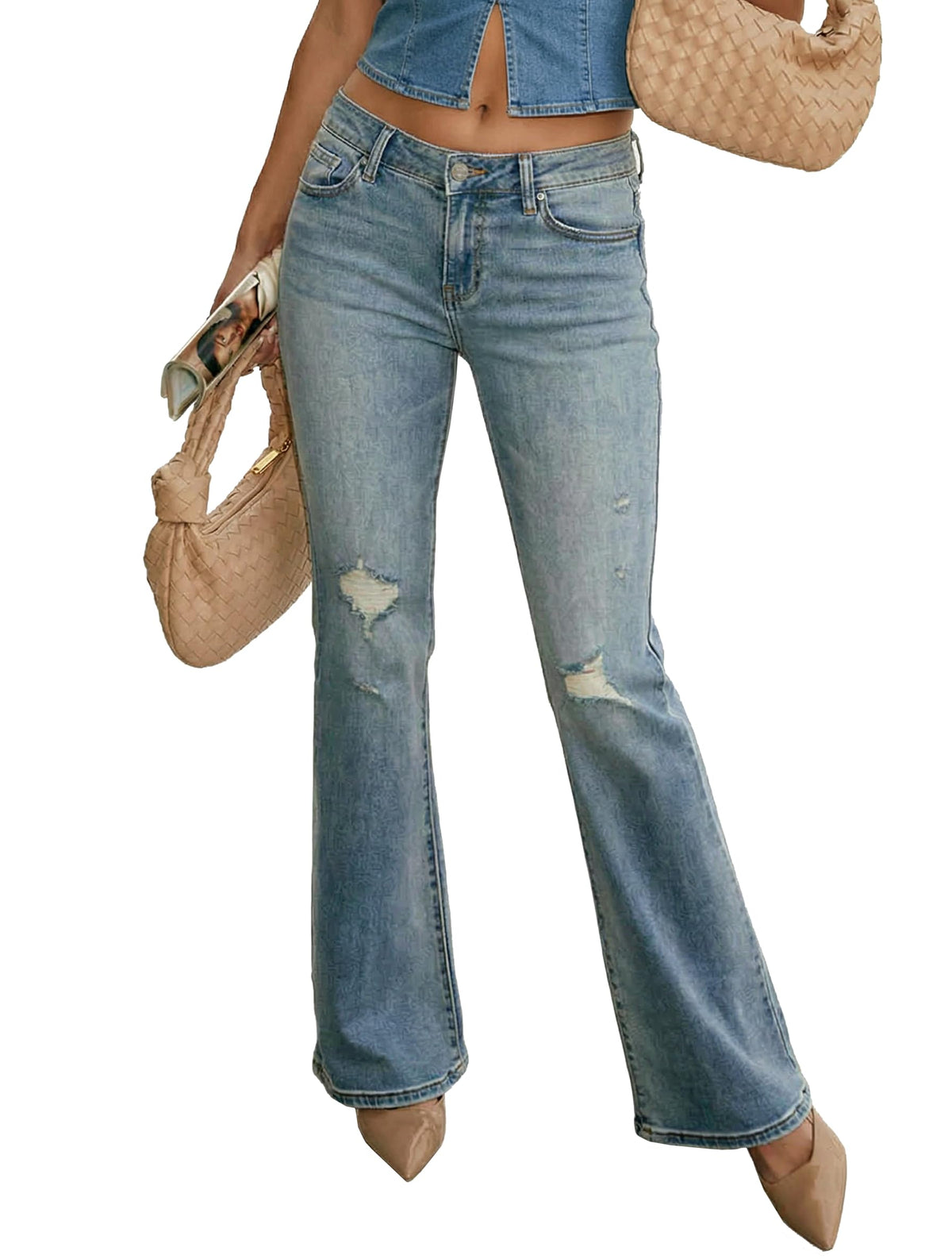 Women's Stretch Low Rise Elastic Skinny Distressed Flare Jeans