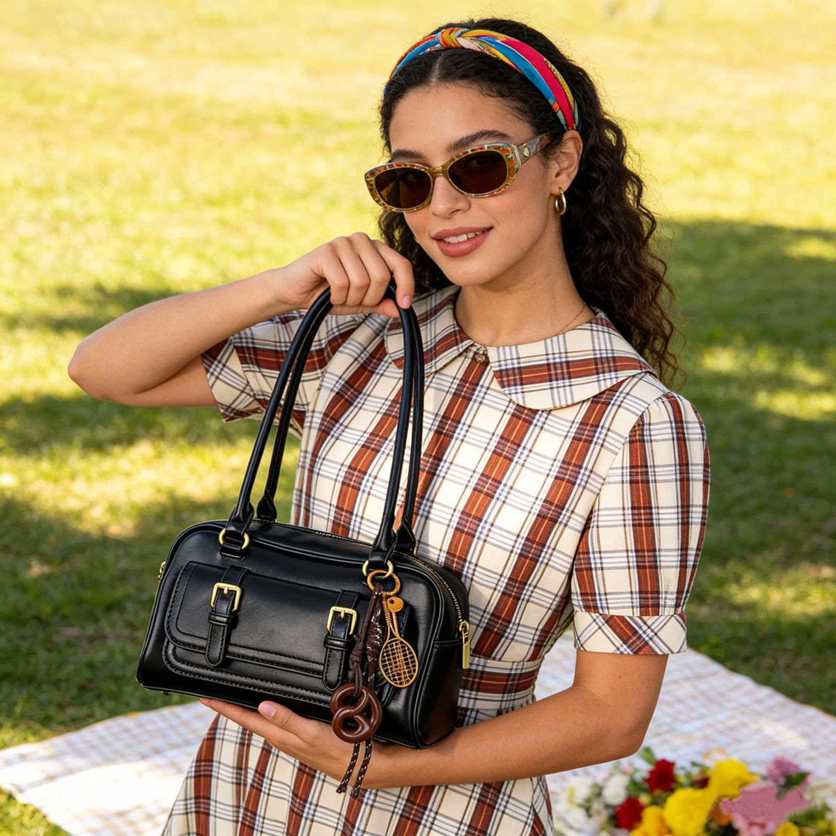Fall Vintage Shoulder Bag for Women Trendy Top Handle PU Leather Bowler Bag Y2k Shoulder Purse Handbag with Pendant