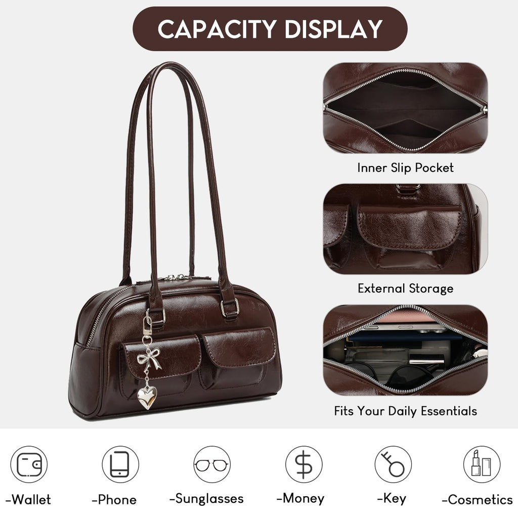 Fall Vintage Shoulder Bag for Women Trendy Top Handle PU Leather Bowler Bag Y2k Shoulder Purse Handbag with Pendant