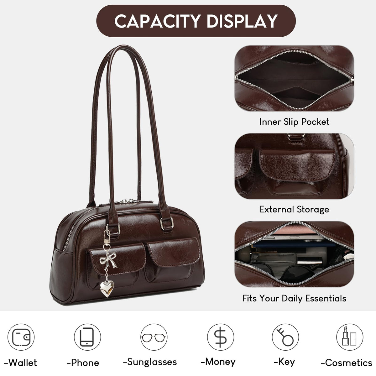 Fall Vintage Shoulder Bag for Women Trendy Top Handle PU Leather Bowler Bag Y2k Shoulder Purse Handbag with Pendant