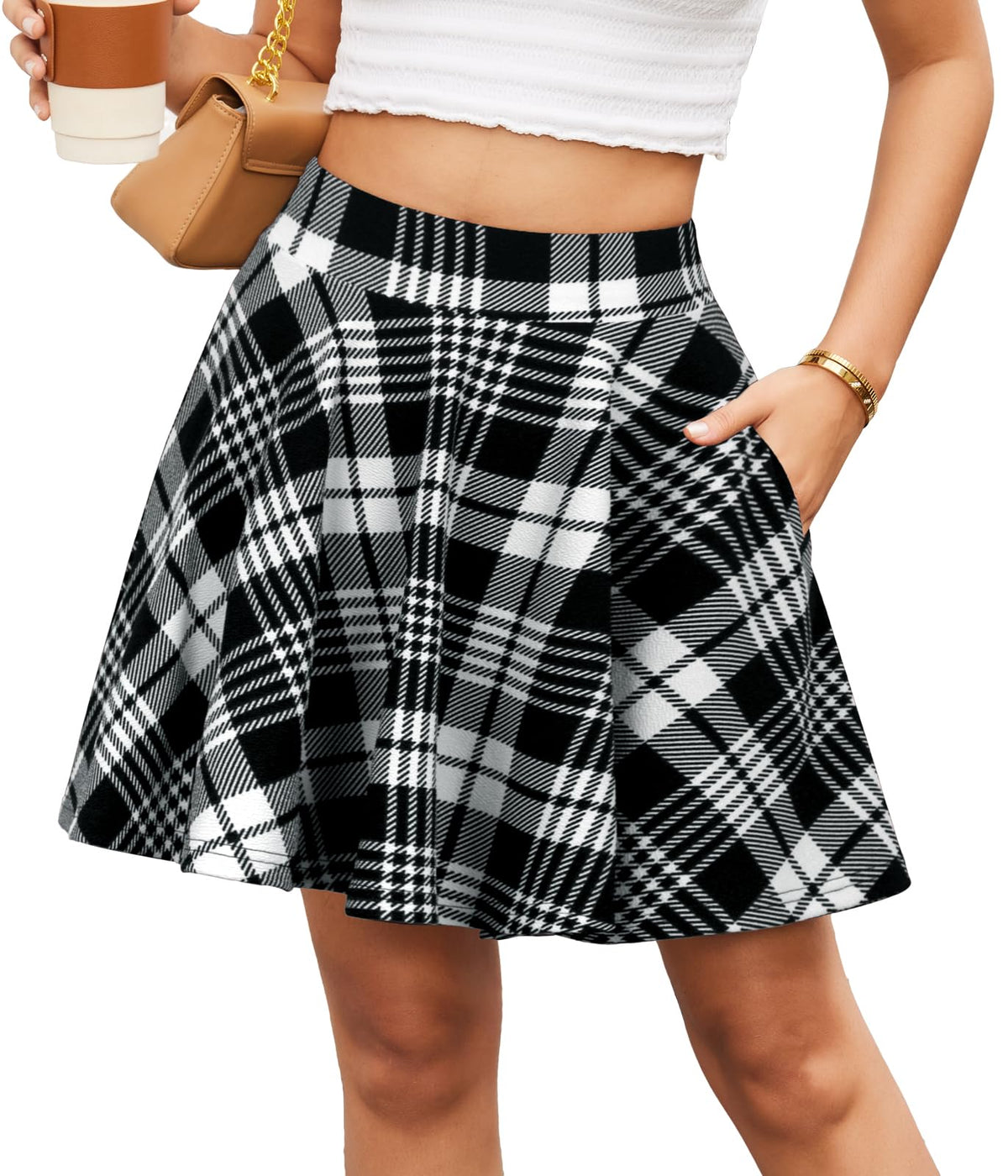 Women's Flared Mini Skater Skirt with Pockets Versatile High Waist Casual Skirts