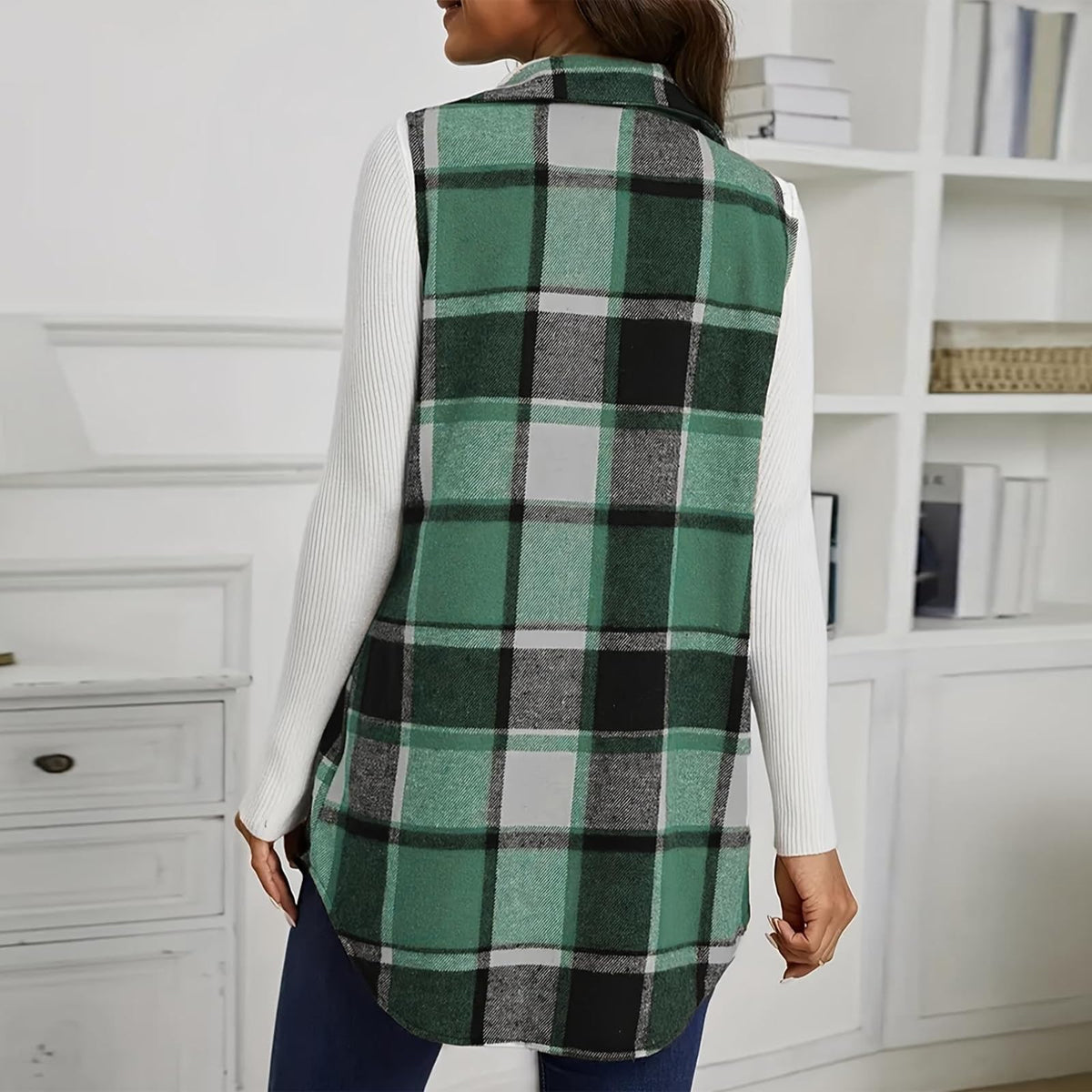 Plaid Vest Cardigan for Women Sleeveless waistcoat Comfy Button Down jacket