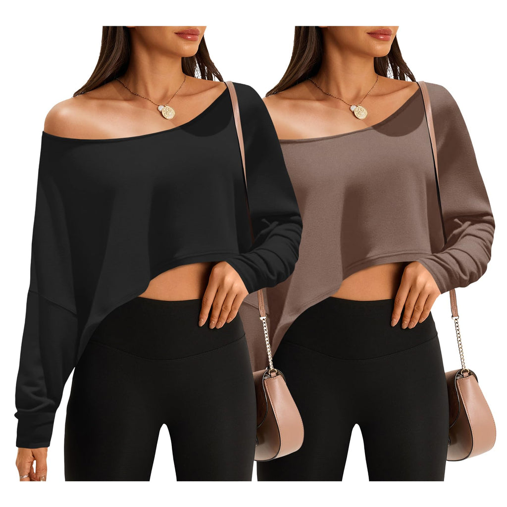 Womens Off The Shoulder Cropped Tops Long Sleeve Loose Fit Sweater