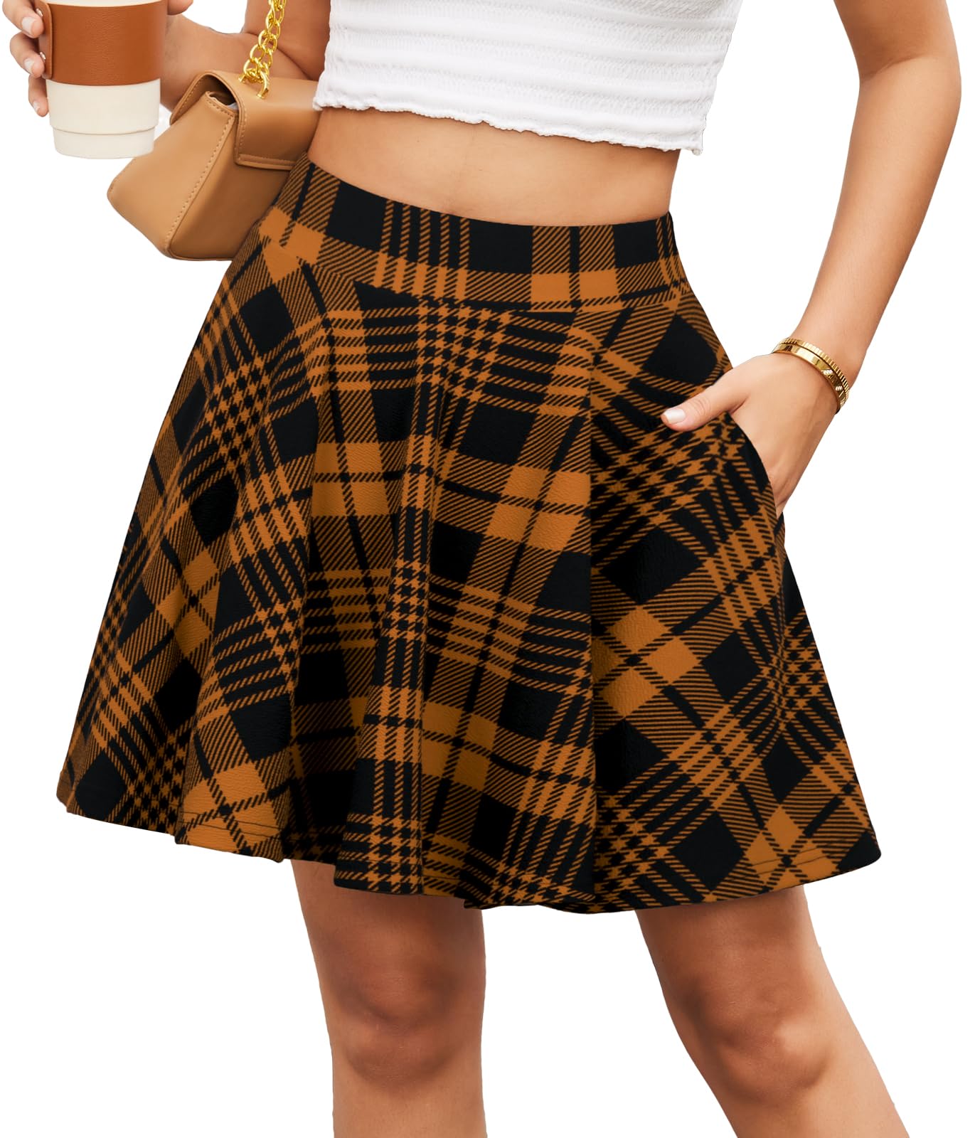 Women's Flared Mini Skater Skirt with Pockets Versatile High Waist Casual Skirts