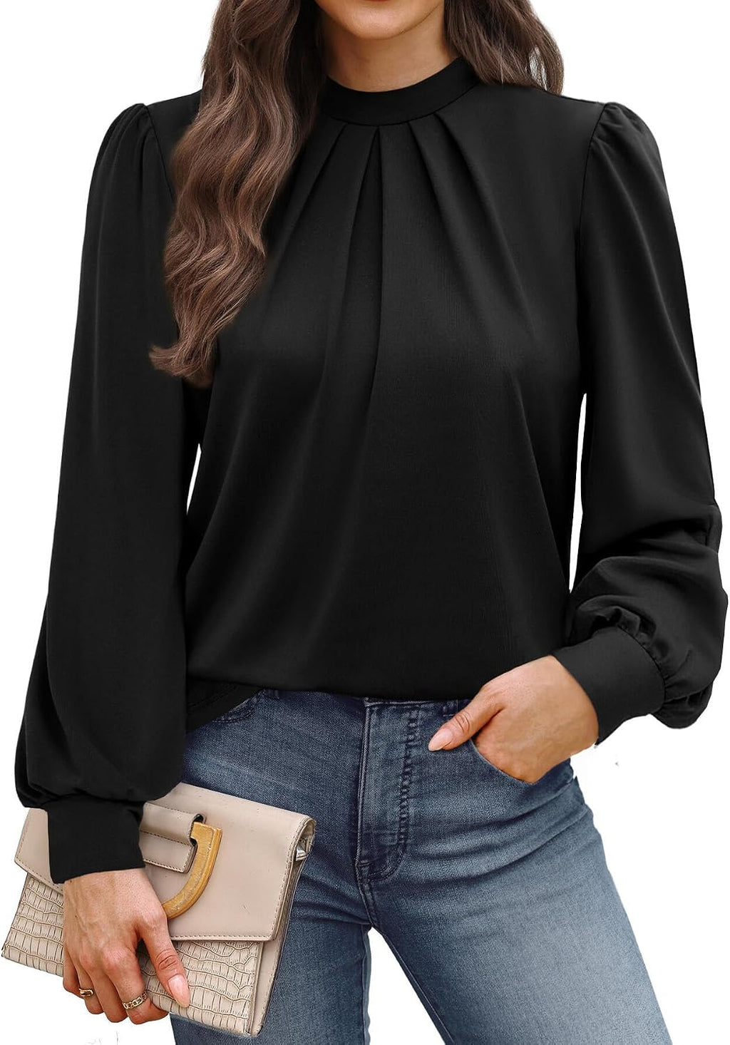 Long Sleeve Shirts for Women Mock Neck Tops Pleated Front Blouses Dressy Casual