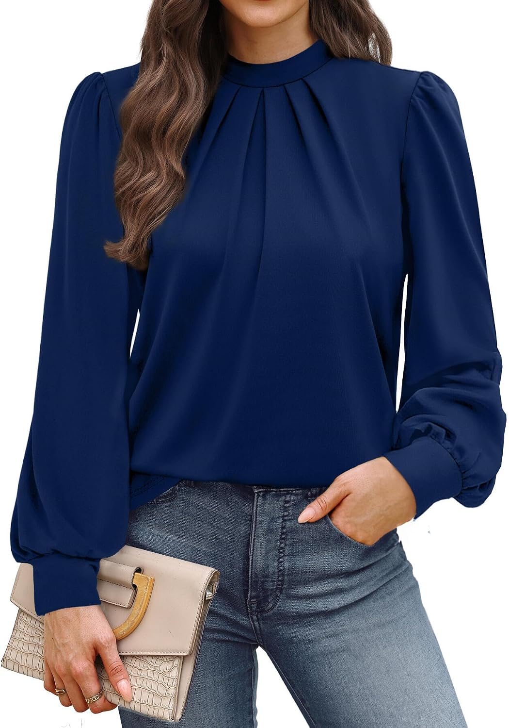 Long Sleeve Shirts for Women Mock Neck Tops Pleated Front Blouses Dressy Casual