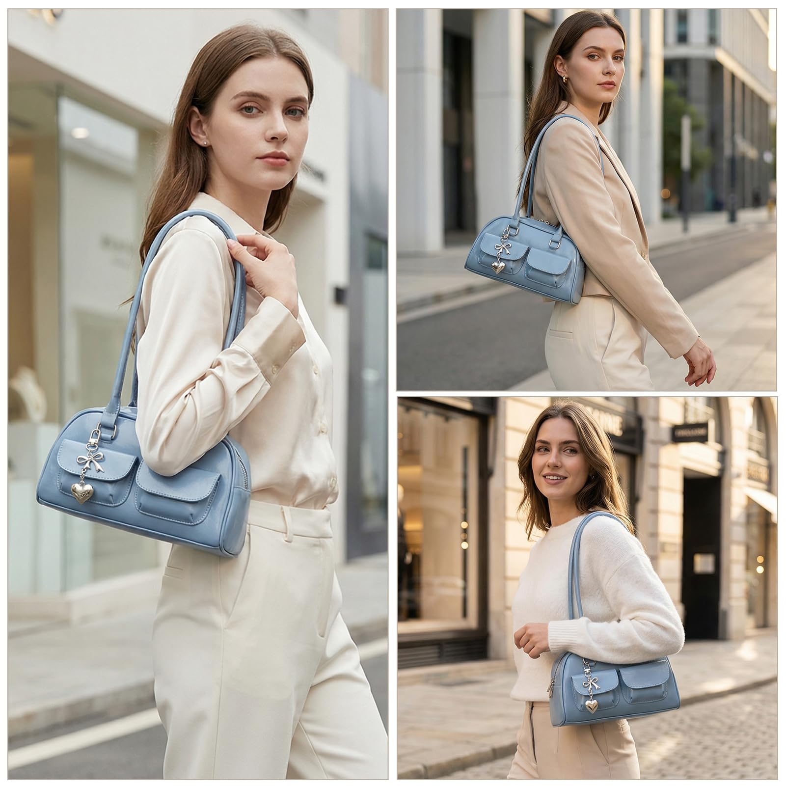 Fall Vintage Shoulder Bag for Women Trendy Top Handle PU Leather Bowler Bag Y2k Shoulder Purse Handbag with Pendant
