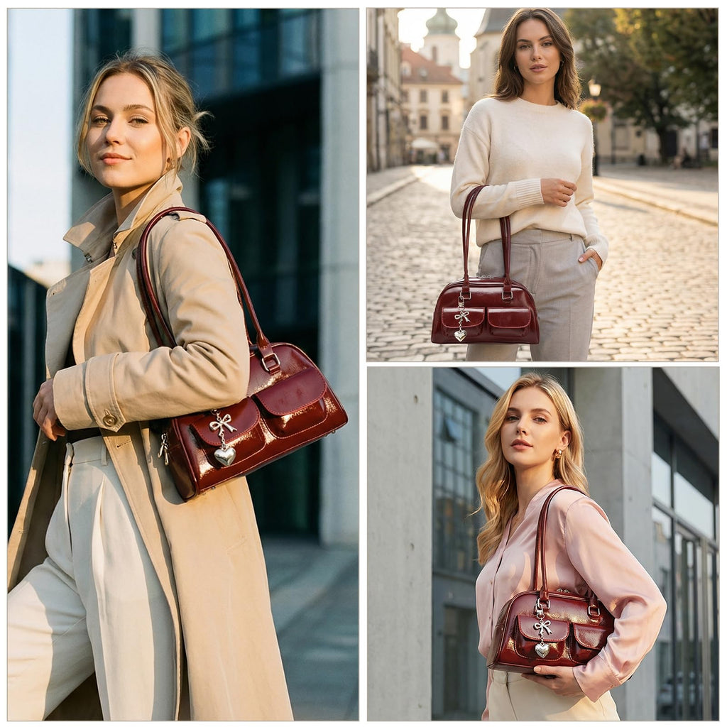 Fall Vintage Shoulder Bag for Women Trendy Top Handle PU Leather Bowler Bag Y2k Shoulder Purse Handbag with Pendant