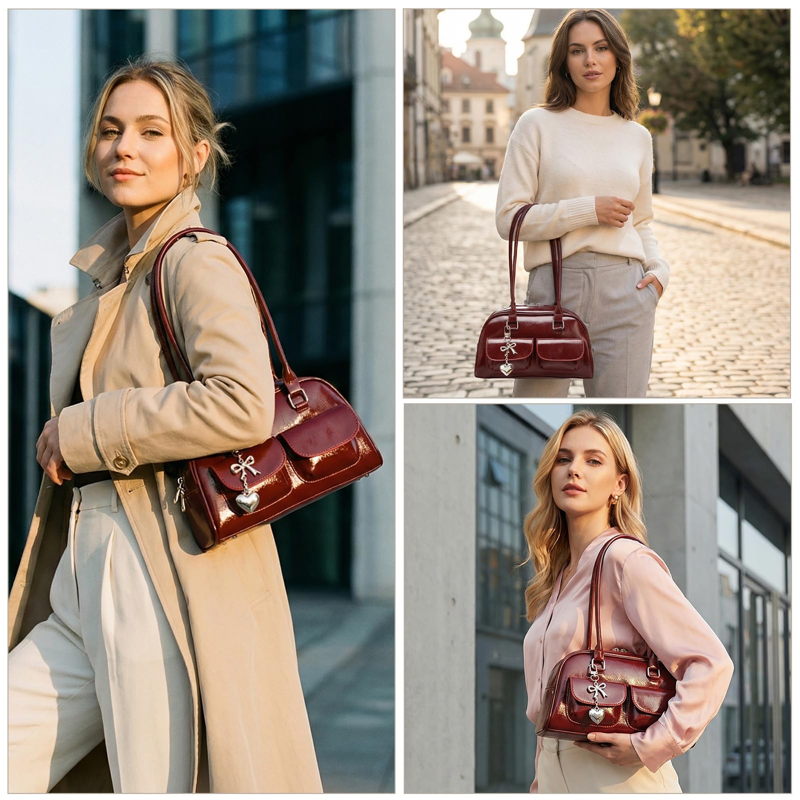 Fall Vintage Shoulder Bag for Women Trendy Top Handle PU Leather Bowler Bag Y2k Shoulder Purse Handbag with Pendant