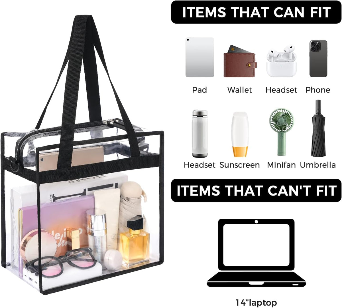 Clear Bags Concert Stadium Approved Clear Tote Bag with Zipper Closure Crossbody Shoulder Bag with Adjustable Strap