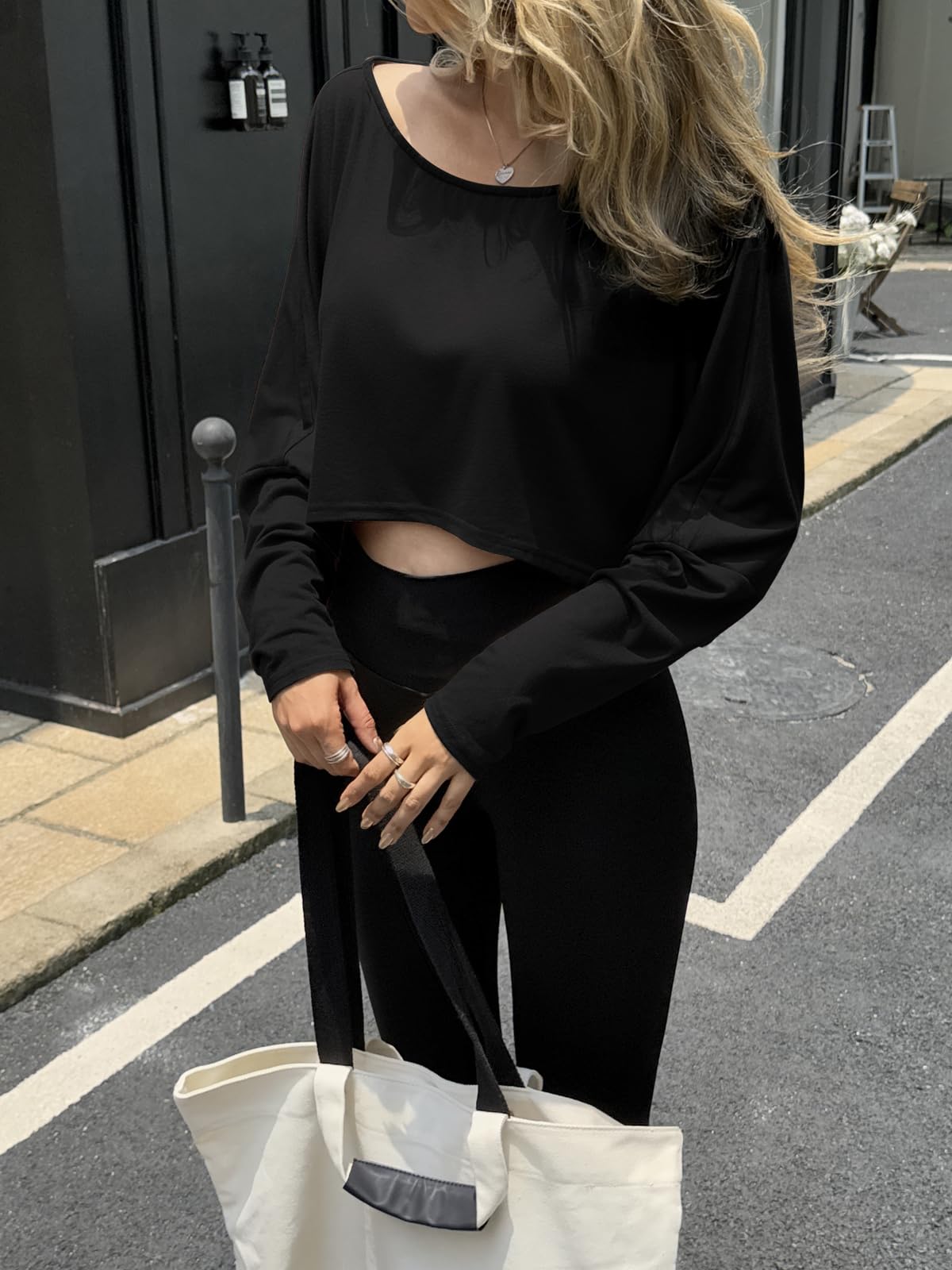 Womens Off The Shoulder Cropped Tops Long Sleeve Loose Fit Sweater